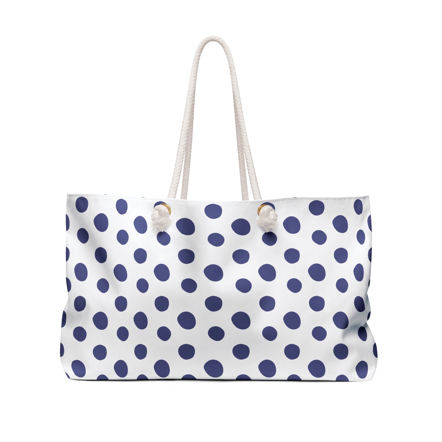 Weekender Bag - Blue Polka Dots Travel Tote: Features a stylish blue polka dot design with white rope handles, offering a spacious interior for essentials, perfect for casual weekend adventures.