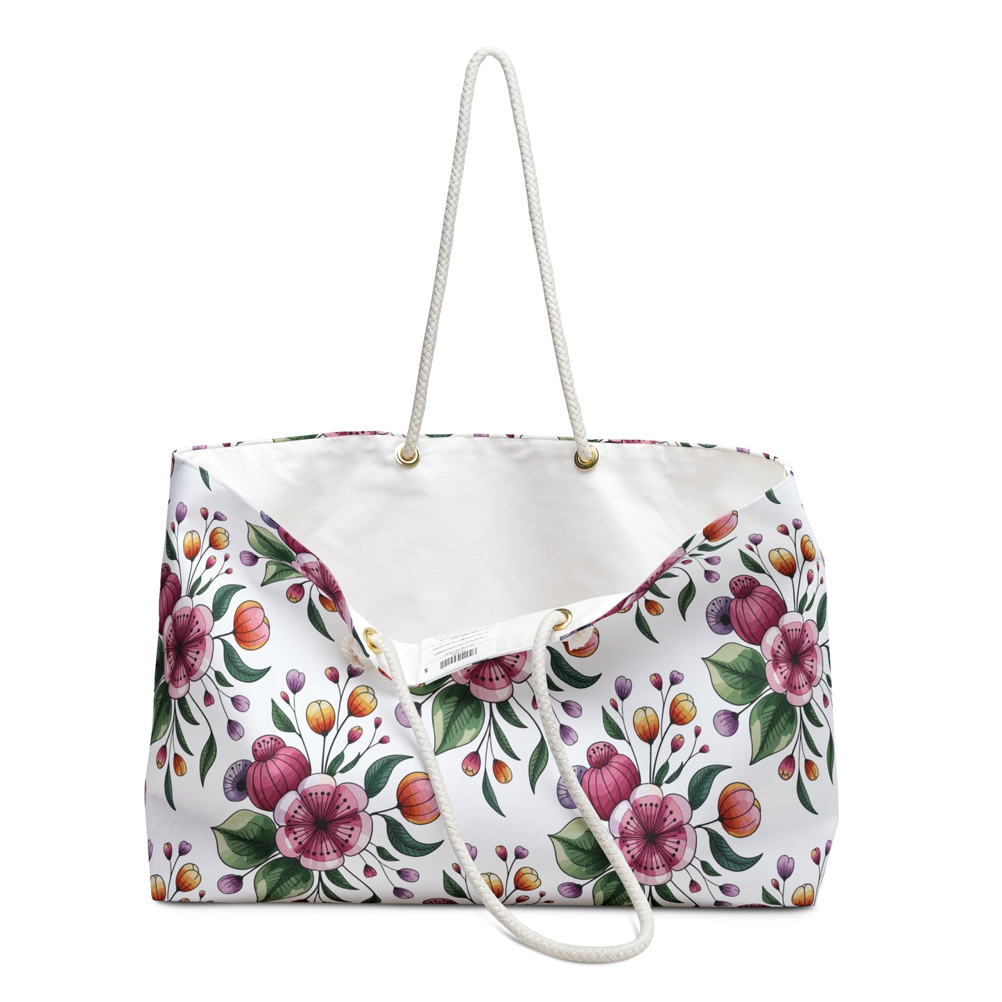 Botanical Weekender Bag featuring a whimsical floral and leaf design, ideal for joyful getaways. Crafted with durable rope handles and a spacious interior, embodying FireBrook Essentials' uplifting aesthetic.