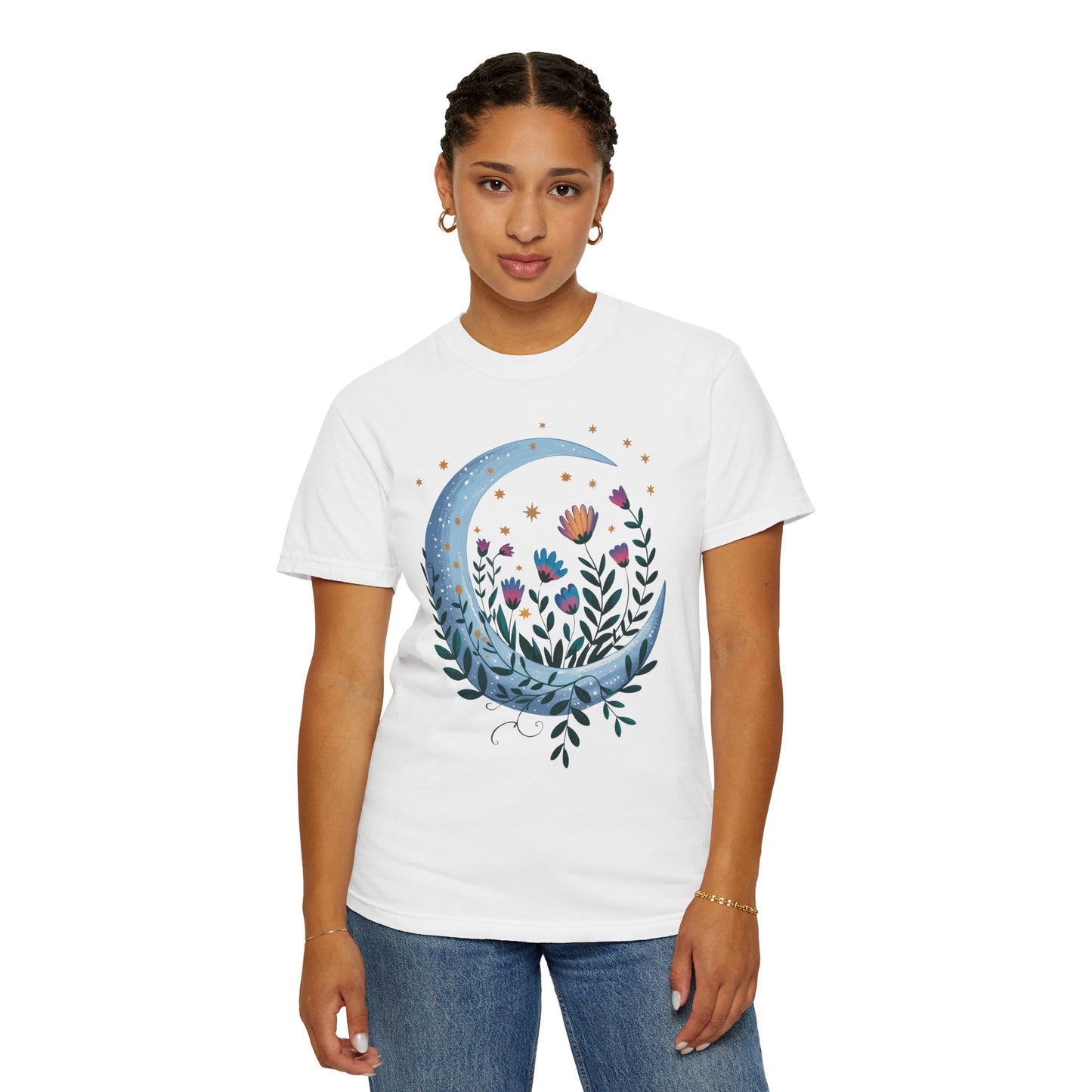 Crescent Moon with Flowers T-Shirt showcasing a bohemian design, featuring a relaxed fit and crew neckline. Ideal for nature enthusiasts, crafted from ethically grown US cotton for comfort and style.