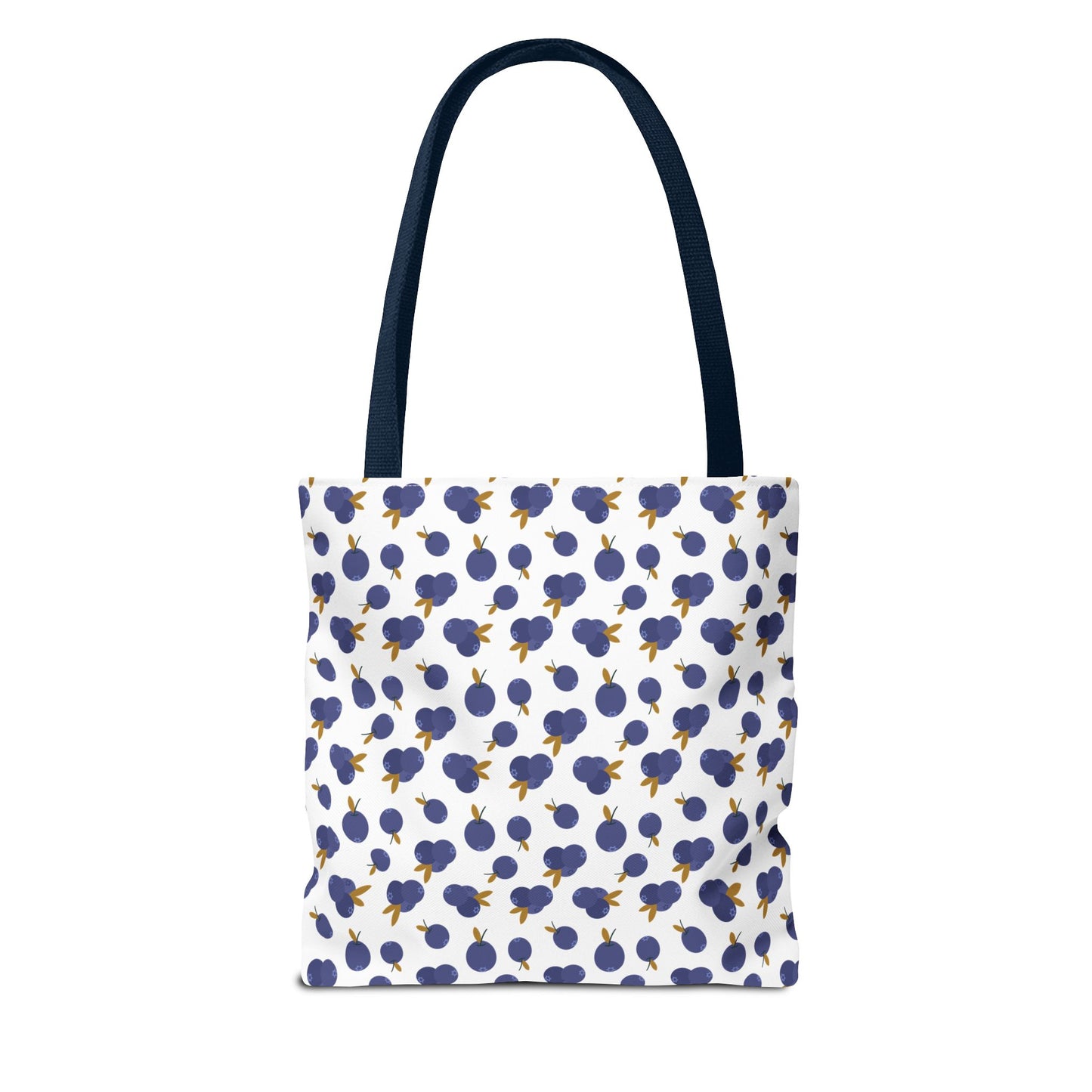 Blueberry Tote Bag showcasing a charming blueberry pattern with durable polyester fabric, boxed corners, and reinforced handles. Ideal for everyday use, blending style and practicality from FireBrook Essentials.