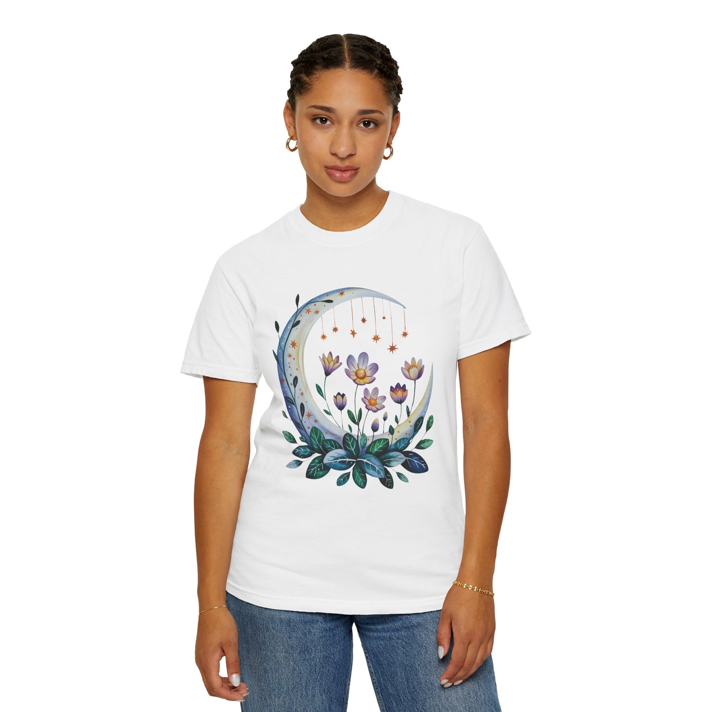 Crescent Moon Floral T-shirt featuring a bohemian design, perfect for nature lovers. The relaxed fit and crew neckline make it ideal for casual wear, aligning with FireBrook Essentials' stylish and uplifting ethos.