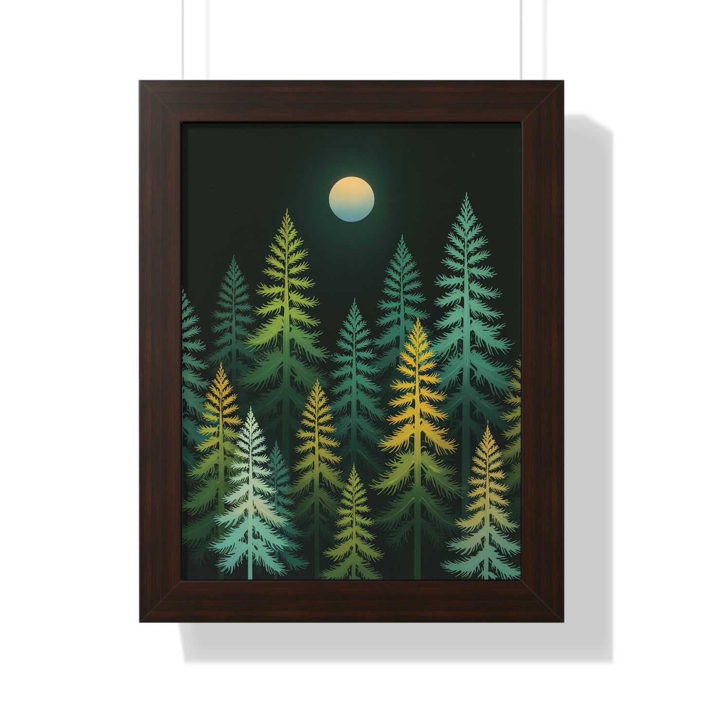 Vertical Forest Poster: A modern, minimalist framed artwork featuring stylized tall pine trees against a dark backdrop, perfect for adding a calming, natural touch to your space.