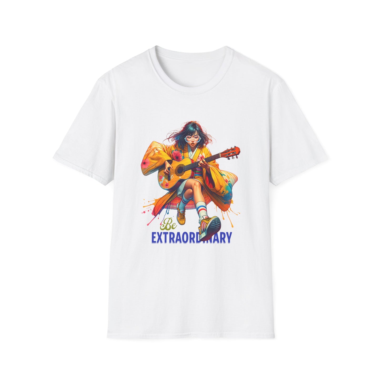Guitarist Be Extraordinary Woman Gildan Unisex T-Shirt featuring a cartoon of a woman playing guitar, designed for music lovers seeking comfort and style with ethical production and seamless construction.