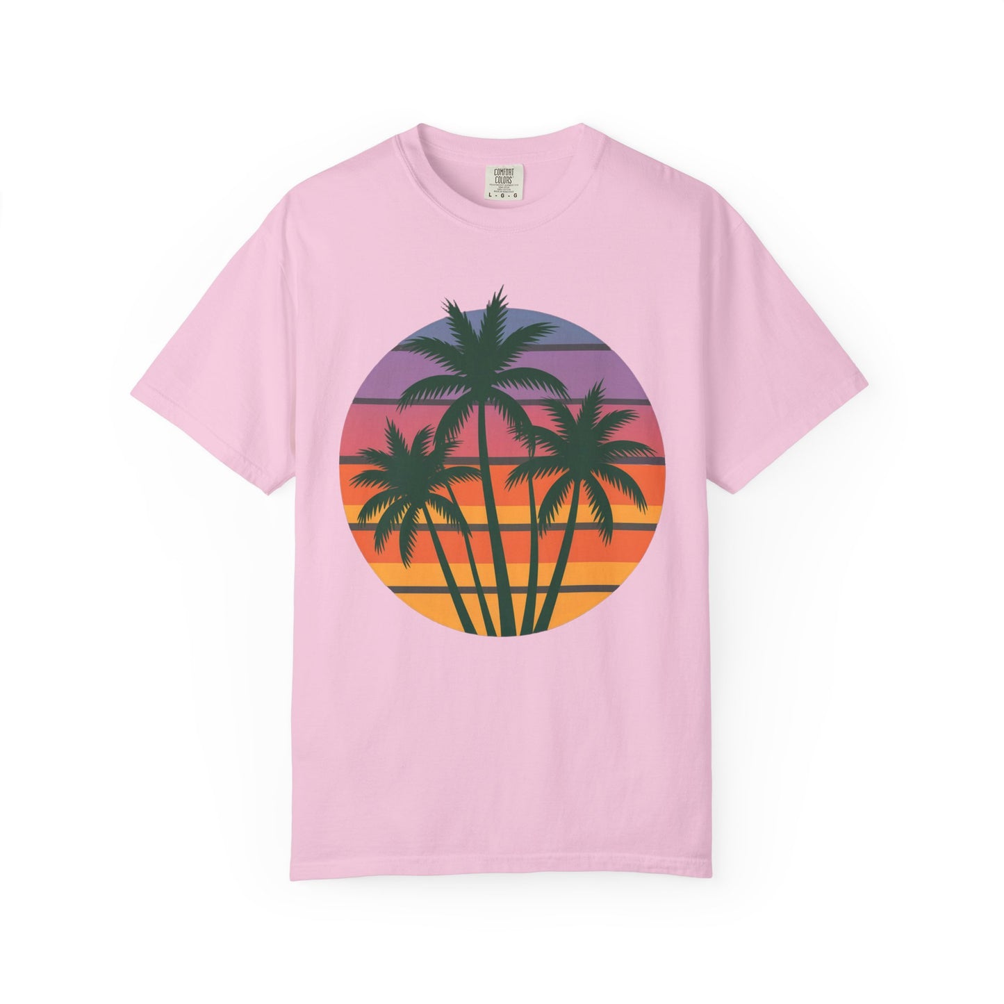 Palm Tree Sunset T-shirt showcasing vibrant palm tree silhouettes against a sunset sky, embodying a tropical, relaxed vibe. Perfect for casual outings, embodying FireBrook Essentials' commitment to comfort and style.