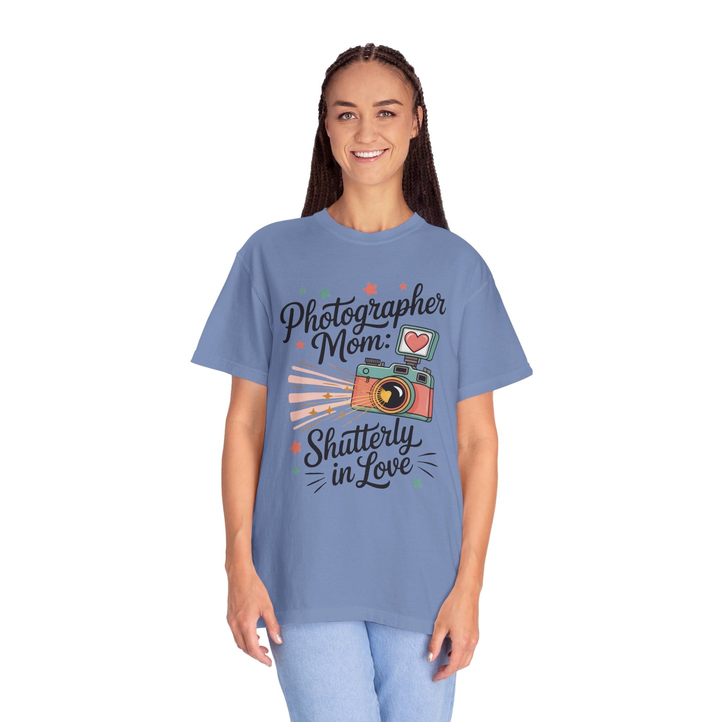 Photographer Mom: Shutterly In Love Mother's Day Comfort Colors Unisex T-Shirt features a relaxed fit and classic crew neckline, crafted from high-quality US cotton, embodying FireBrook Essentials' commitment to comfort and style.