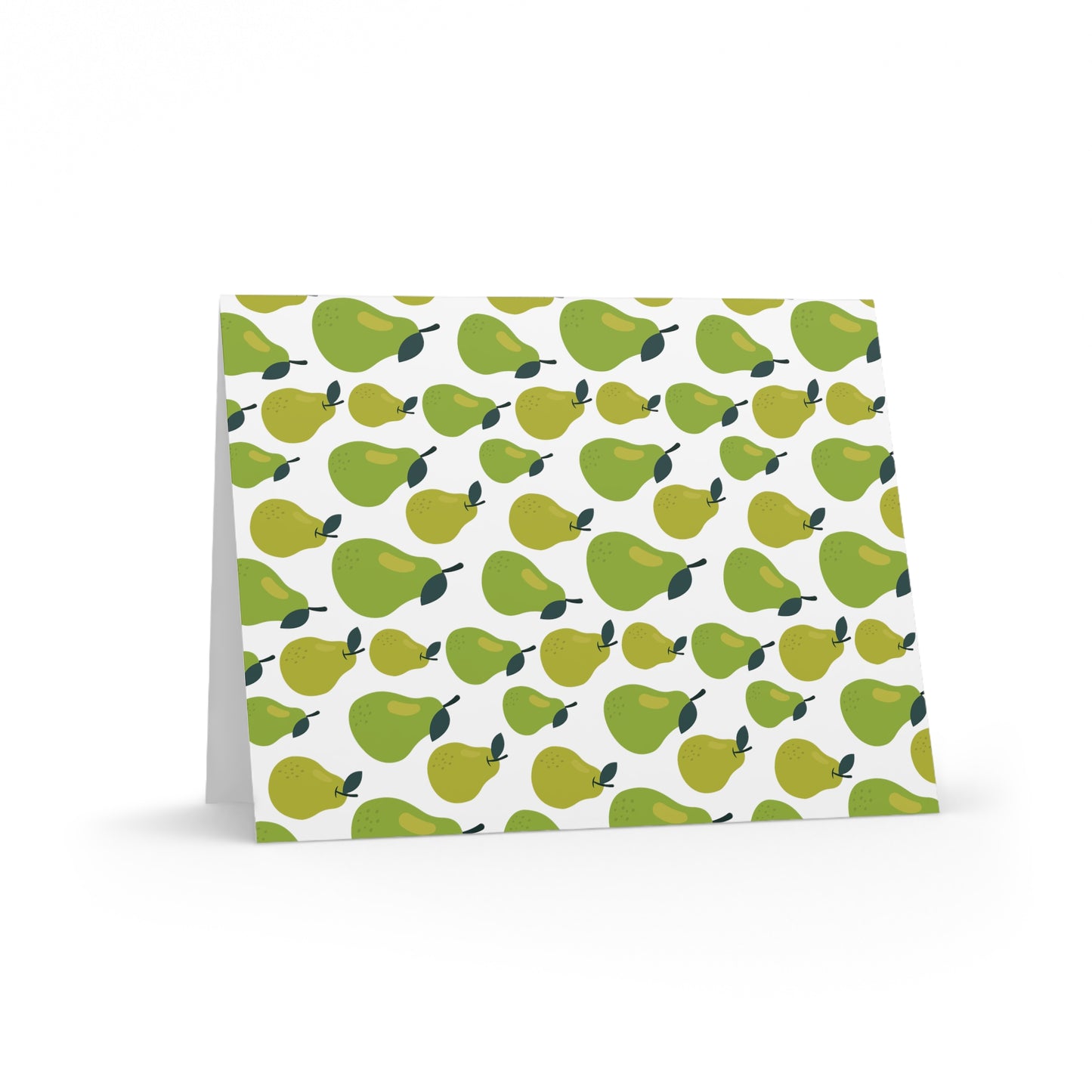 Pear Greeting Cards — Pack of 8/16/24, featuring a folded card standing upright, adorned with a vibrant pattern of green pears on a white background, embodying FireBrook Designs' cheerful and uplifting aesthetic.