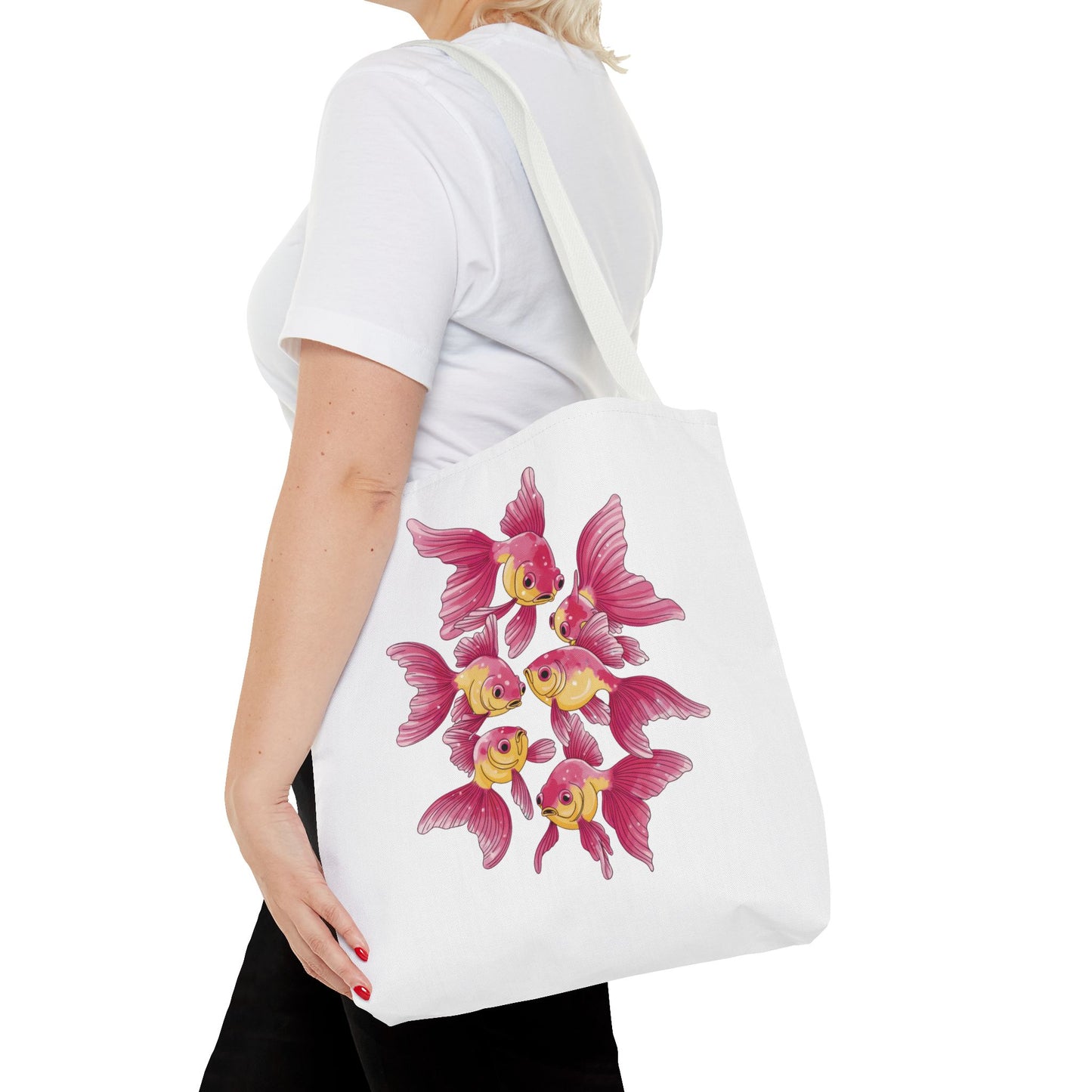 Fish Tote Bag - School of Fish Design: A durable polyester tote bag with a serene fish pattern, featuring reinforced handles and boxed corners, ideal for ocean lovers and everyday use.