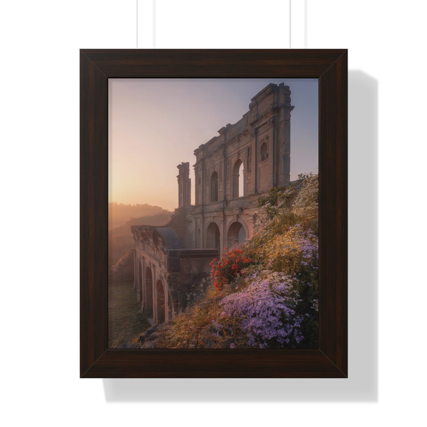 Vertical Poster - Ancient Palace Ruins with Wildflowers: Framed artwork showcasing ancient palace ruins adorned with vibrant wildflowers, offering a picturesque and mysterious vibe. Perfect for enhancing home decor with historical and natural beauty.