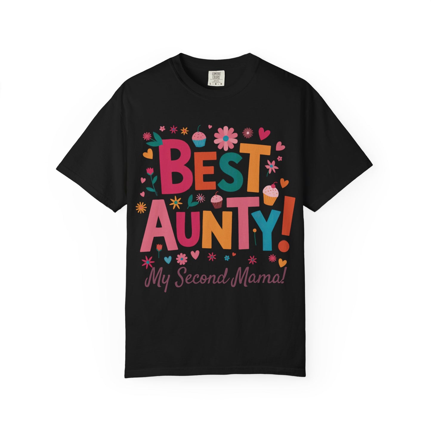 Best Aunty My Second Mama T-Shirt features a heartfelt message, crafted with durable double-needle stitching and soft, garment-dyed US cotton, embodying comfort and appreciation for a cherished aunt.