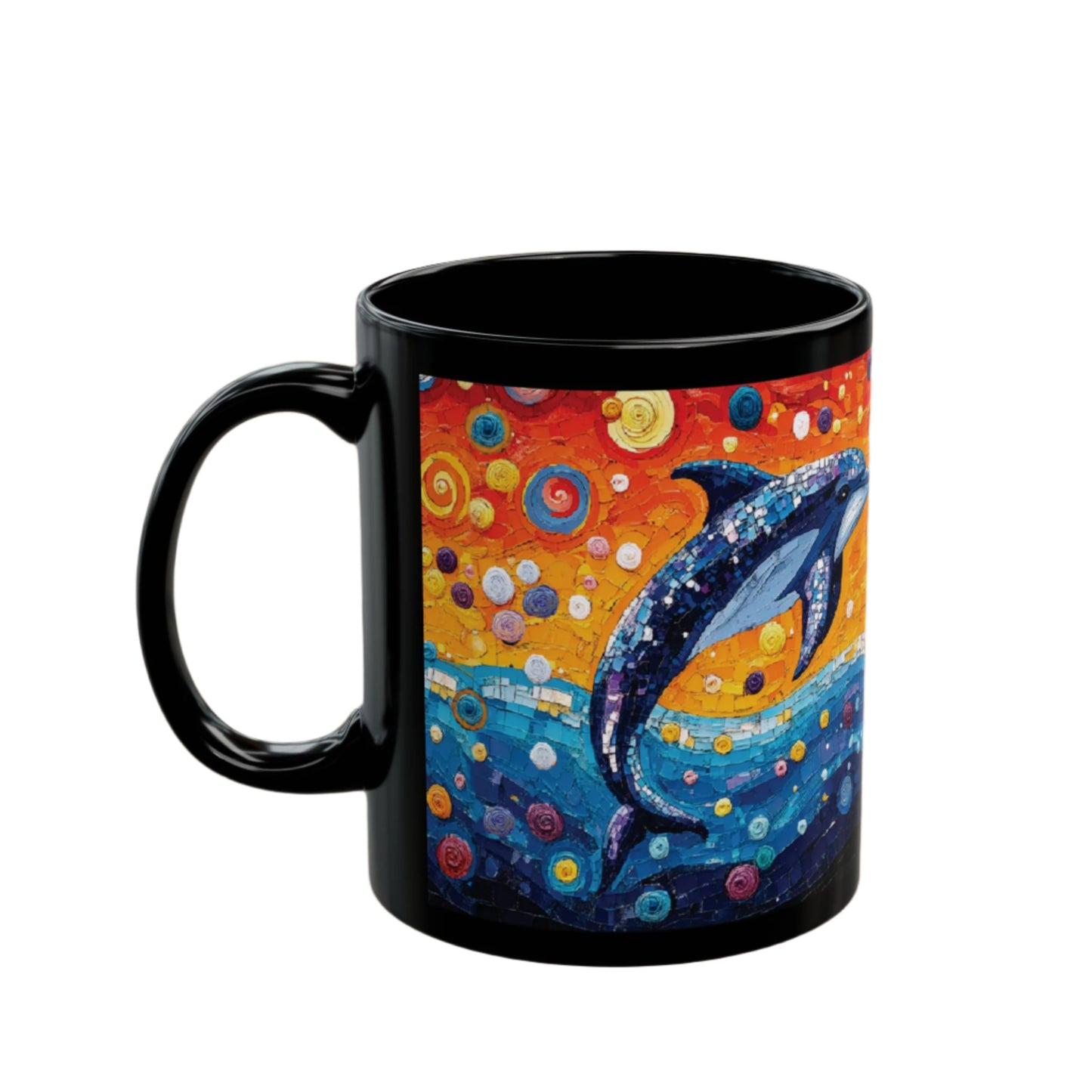 Dolphins Mug (11oz, 15oz) featuring a detailed dolphin mosaic, perfect for nature lovers. This black ceramic mug from FireBrook Essentials combines functionality with serene wildlife artistry.