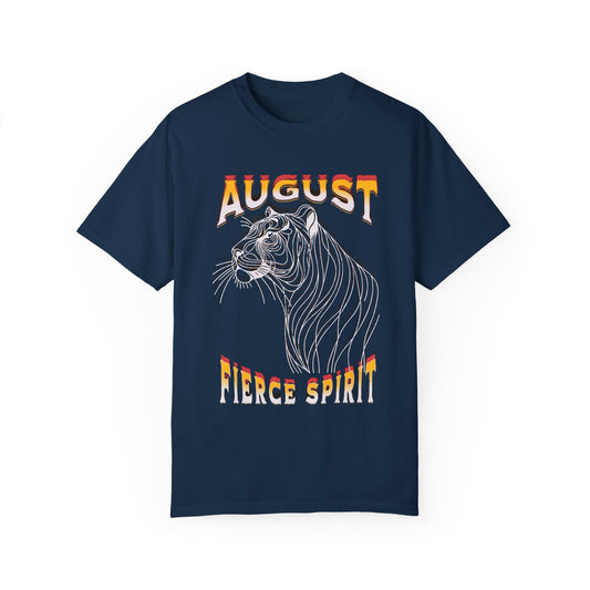 Tiger August Born Fierce Spirit Comfort Colors Unisex T-Shirt featuring a detailed tiger face design, symbolizing strength and confidence. Ideal for August birthdays or those drawn to bold, unique styles.