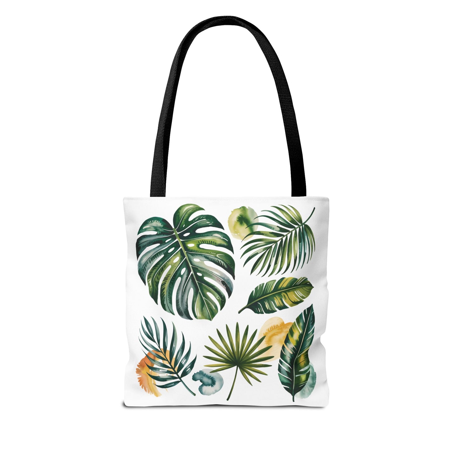 Tropical Leaves Tote Bag featuring a close-up leaf design, highlighting its durable, spacious structure. Ideal for beach trips or shopping, embodying FireBrook Essentials' stylish, joyful vibe.