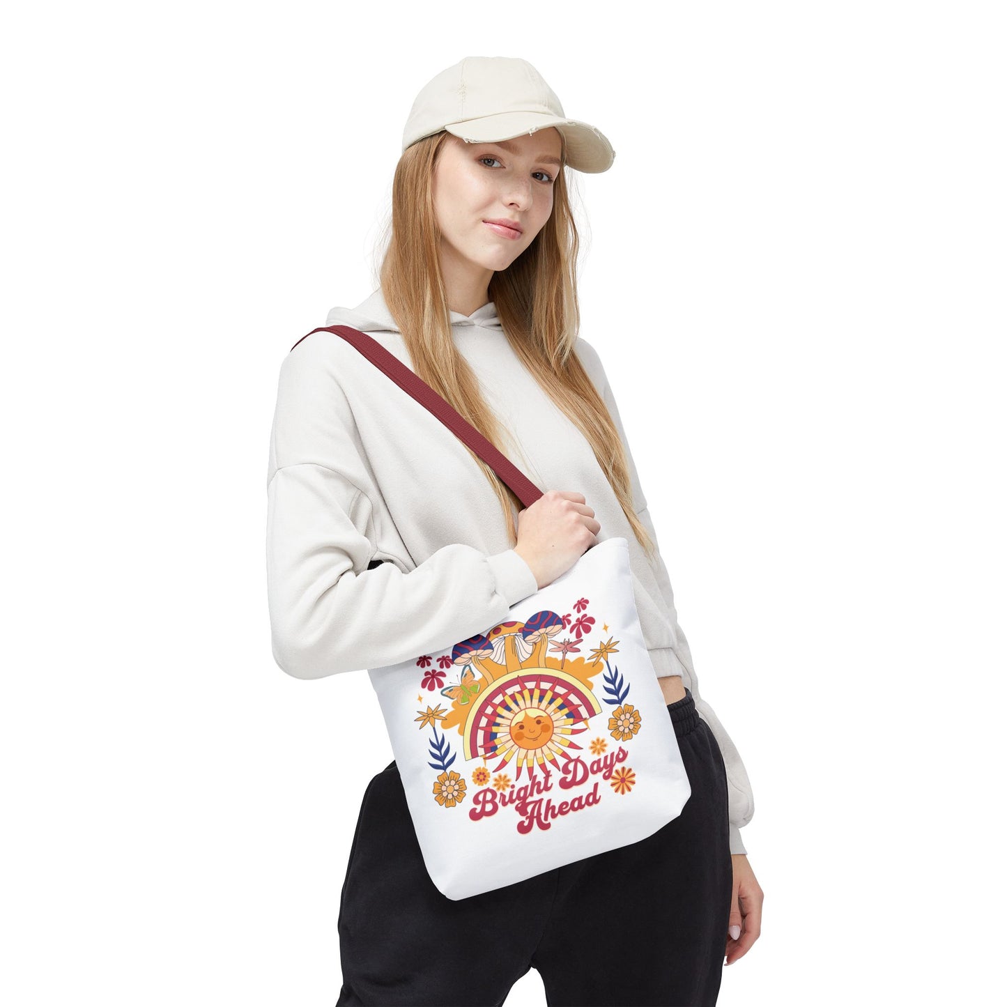 Bright Days Ahead Sunshine Floral Tote Bag featuring cheerful sunshine, flowers, and butterflies design, perfect for outdoor adventures with reinforced handles and spacious interior, embodying FireBrook Essentials' uplifting and joyful style.