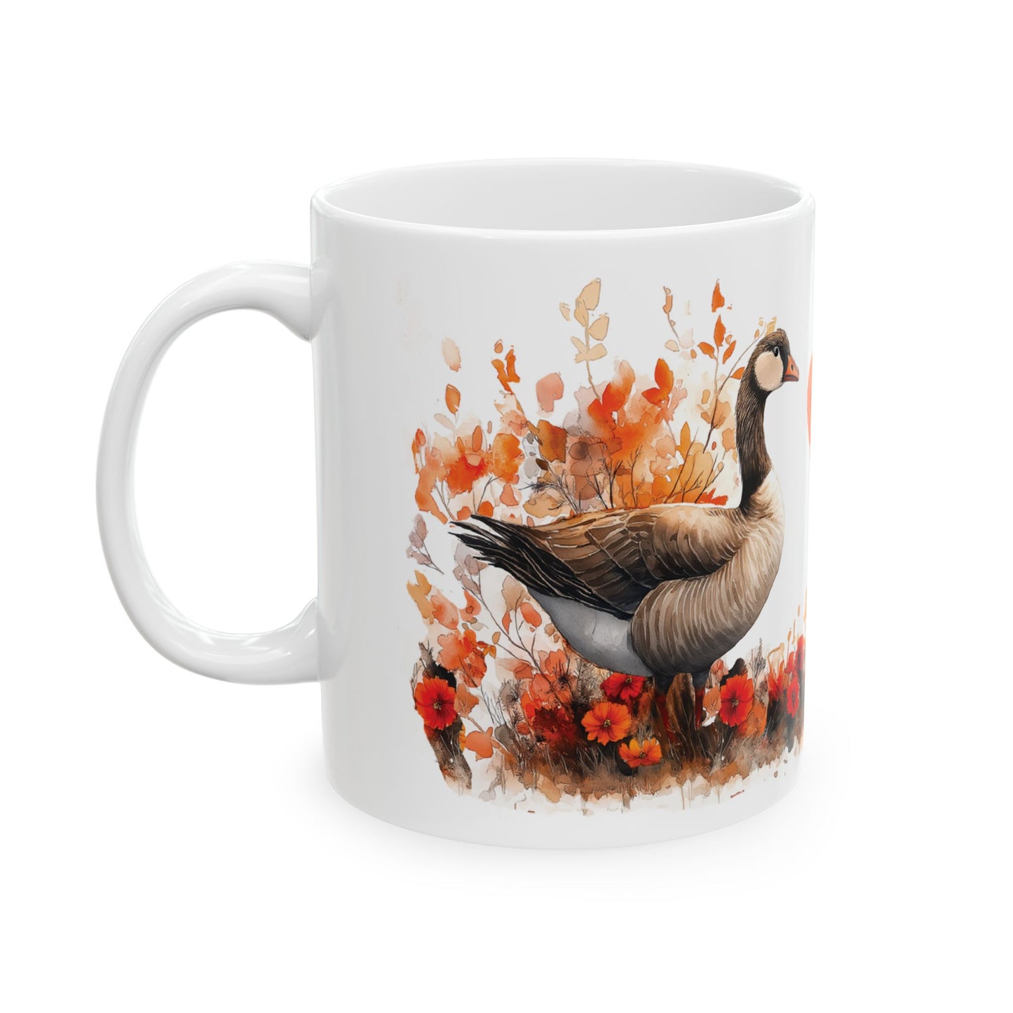 Geese Love Mug (11oz, 15oz) features two geese with a heart between them, perfect for Valentine's Day. This charming ceramic mug adds a sweet touch to your morning routine.