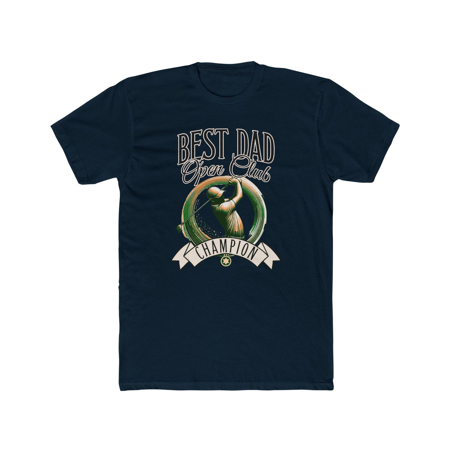 Best Dad Open Club Golf T-Shirt showcasing a relaxed fit with ribbed knit collar, side seams, and shoulder tape, crafted from 100% combed cotton, perfect for golf-loving dads seeking comfort and style.