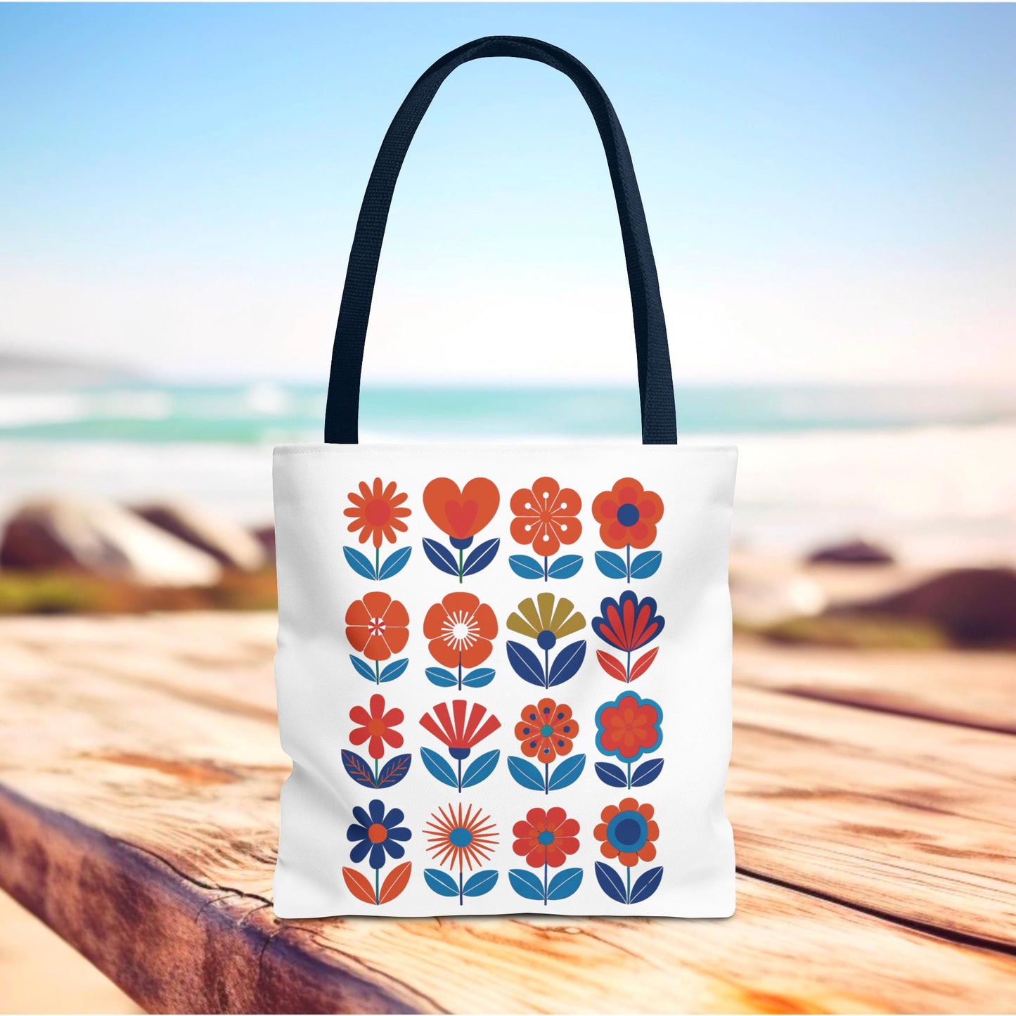 Floral Tote Bag with mid-century modern floral design, perfect for fashion-forward use. Durable polyester, reinforced stitching, and boxed corners ensure stylish practicality for carrying essentials. Available in multiple sizes from FireBrook Essentials.