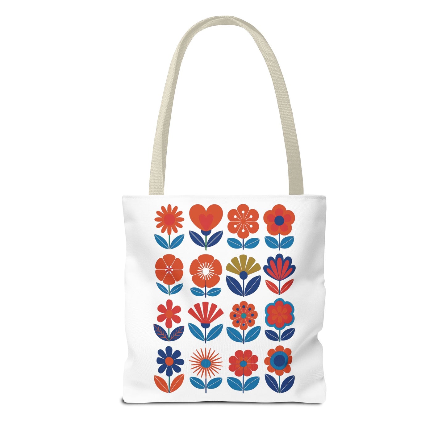 Floral Tote Bag with mid-century modern floral design, durable polyester, and reinforced handles, offering style and practicality for everyday essentials; embodies FireBrook Essentials' commitment to stylish, joyful living.