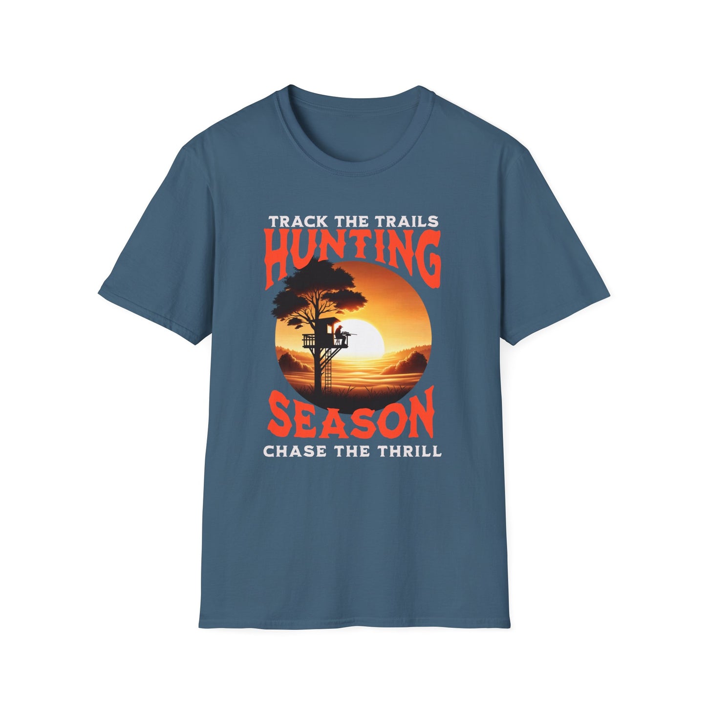 Hunting Season Track the Trails Gildan Unisex T-Shirt featuring a detailed treehouse and sunset illustration, offering a versatile, comfortable fit ideal for outdoor enthusiasts and everyday wear.