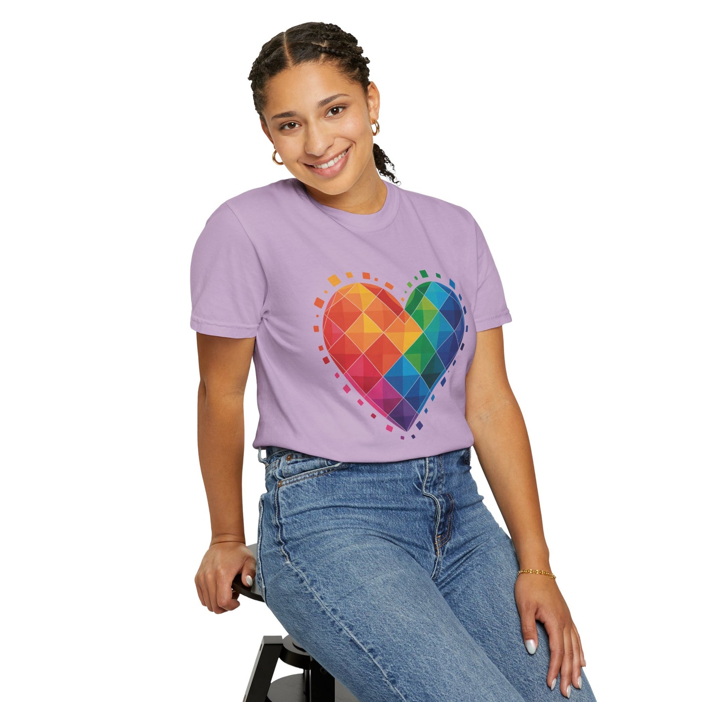 Rainbow Geometric Heart T-Shirt showcasing a vibrant heart-shaped design formed by overlapping translucent squares in a dynamic rainbow gradient, ideal for casual wear and special occasions.