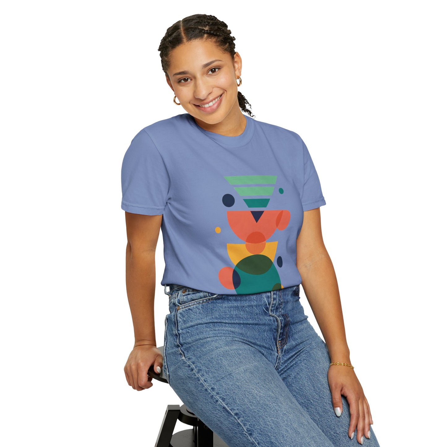 Geometric Abstract in Teal, Blue, Yellow, Pink, Green T-Shirt showcasing colorful geometric shapes in a vector-style design, embodying modern, artistic flair. Perfect for adults seeking stylish, comfortable, and versatile fashion.