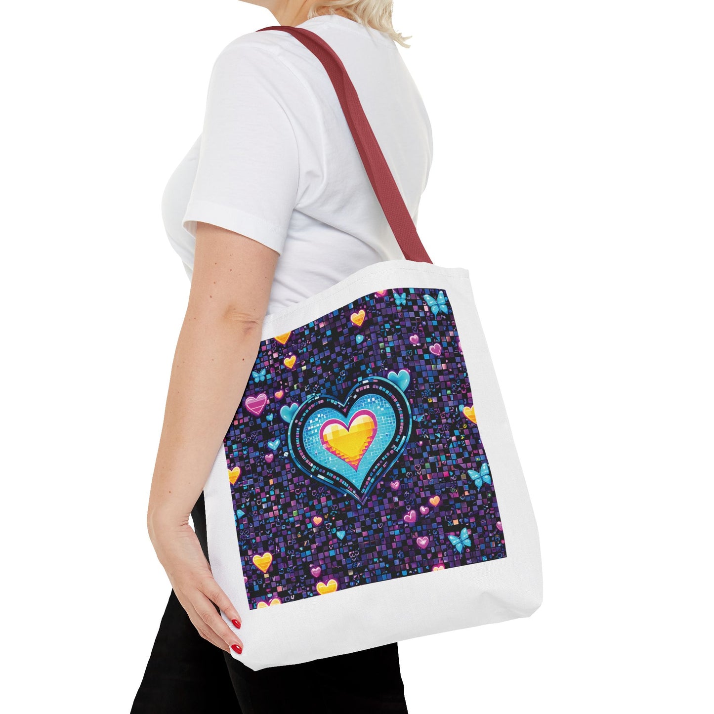 Heart Pixelated Nostalgic Cyber-Aesthetic Tote Bag featuring pixelated heart design, carried by a woman, showcasing stylish, durable accessory for everyday use.