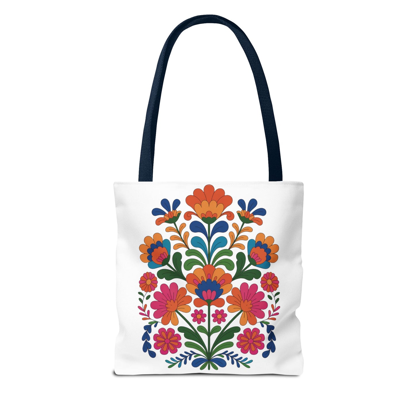 Red Folk-Art Floral Tote Bag featuring a vibrant, freeform floral illustration in red tones with blush, blue, and green accents. Ideal for everyday use and nature lovers, available in multiple sizes.