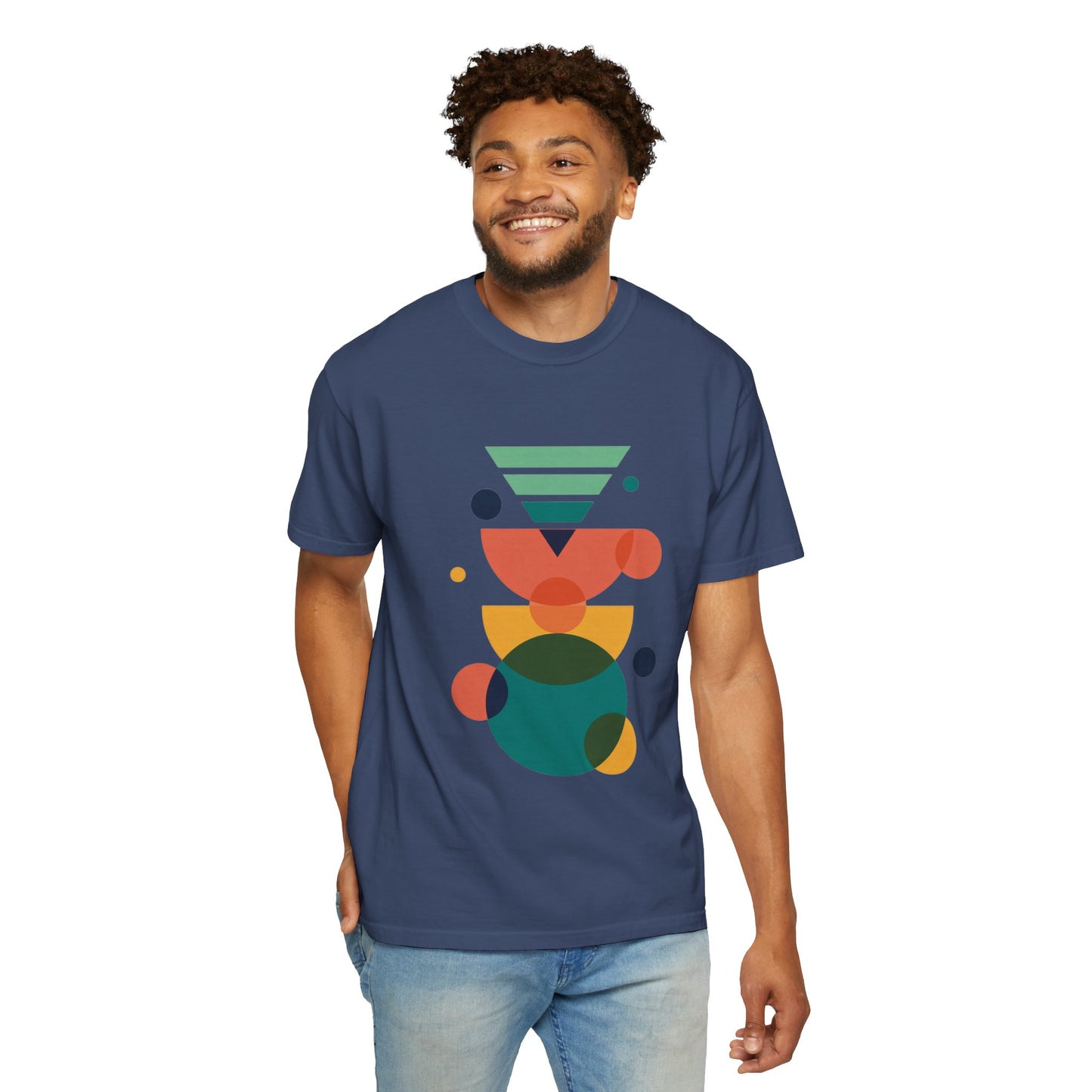 Geometric Abstract in Teal, Blue, Yellow, Pink, Green T-Shirt: A stylish unisex tee featuring colorful geometric shapes, offering a trendy, artistic vibe with its relaxed fit and soft, garment-dyed texture.
