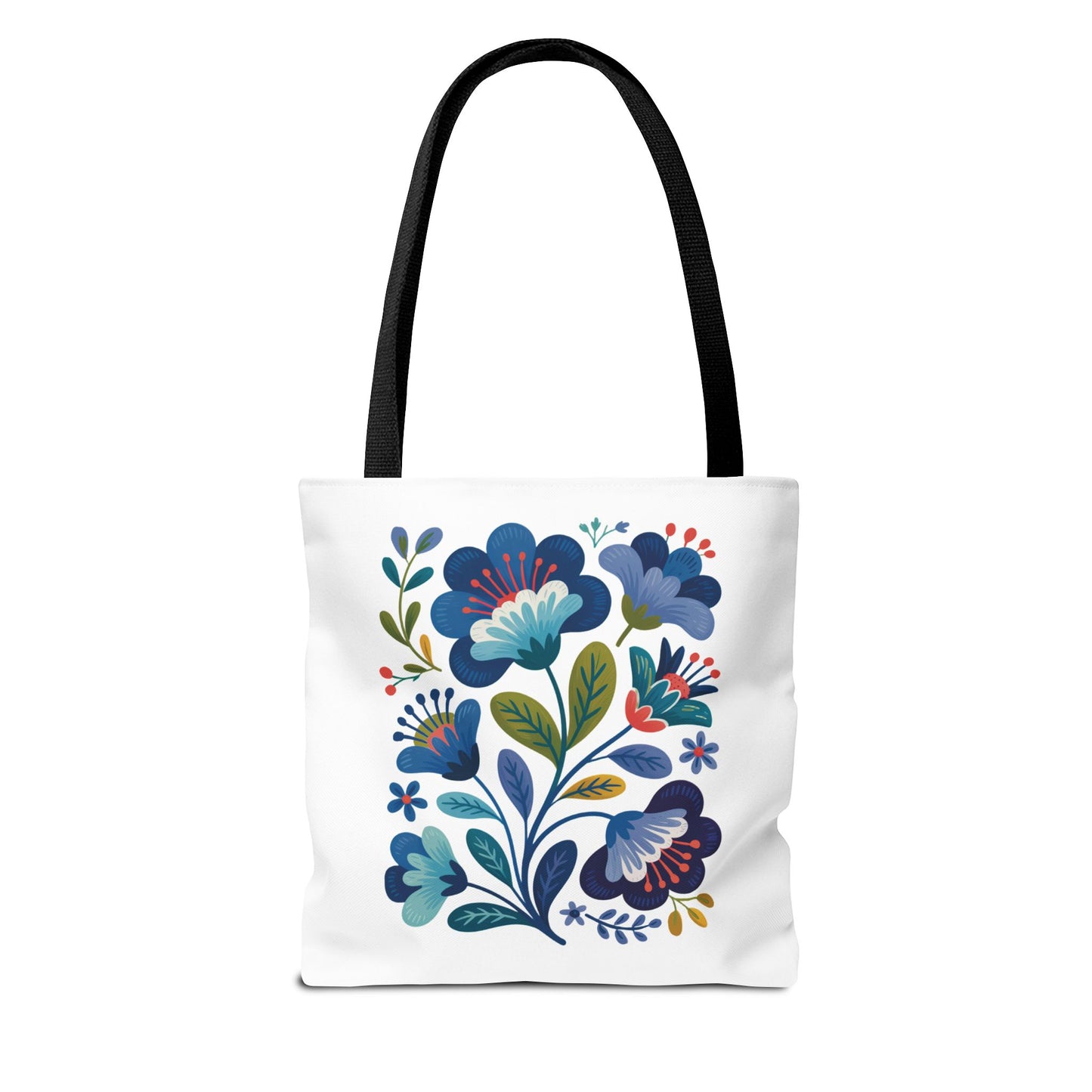 Vintage Folk Art Design Blue Floral Tote Bag with charming floral patterns, featuring durable polyester, black inner stitching, and reinforced handles. A stylish, nostalgic accessory perfect for everyday use or special occasions.