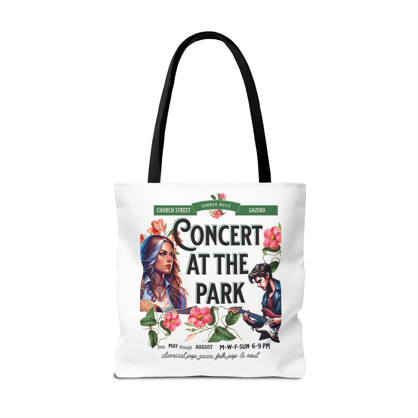 Concert At the Park Tote Bag featuring musicians playing guitars; durable polyester with black handle, ideal for music lovers and outdoor activities.