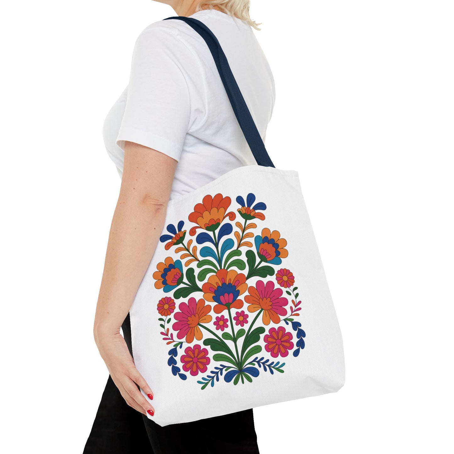 Red Folk-Art Floral Tote Bag features a vibrant, freeform floral illustration in organic folk-art style, perfect for carrying essentials. Ideal for nature lovers and art enthusiasts seeking unique, joyful designs.