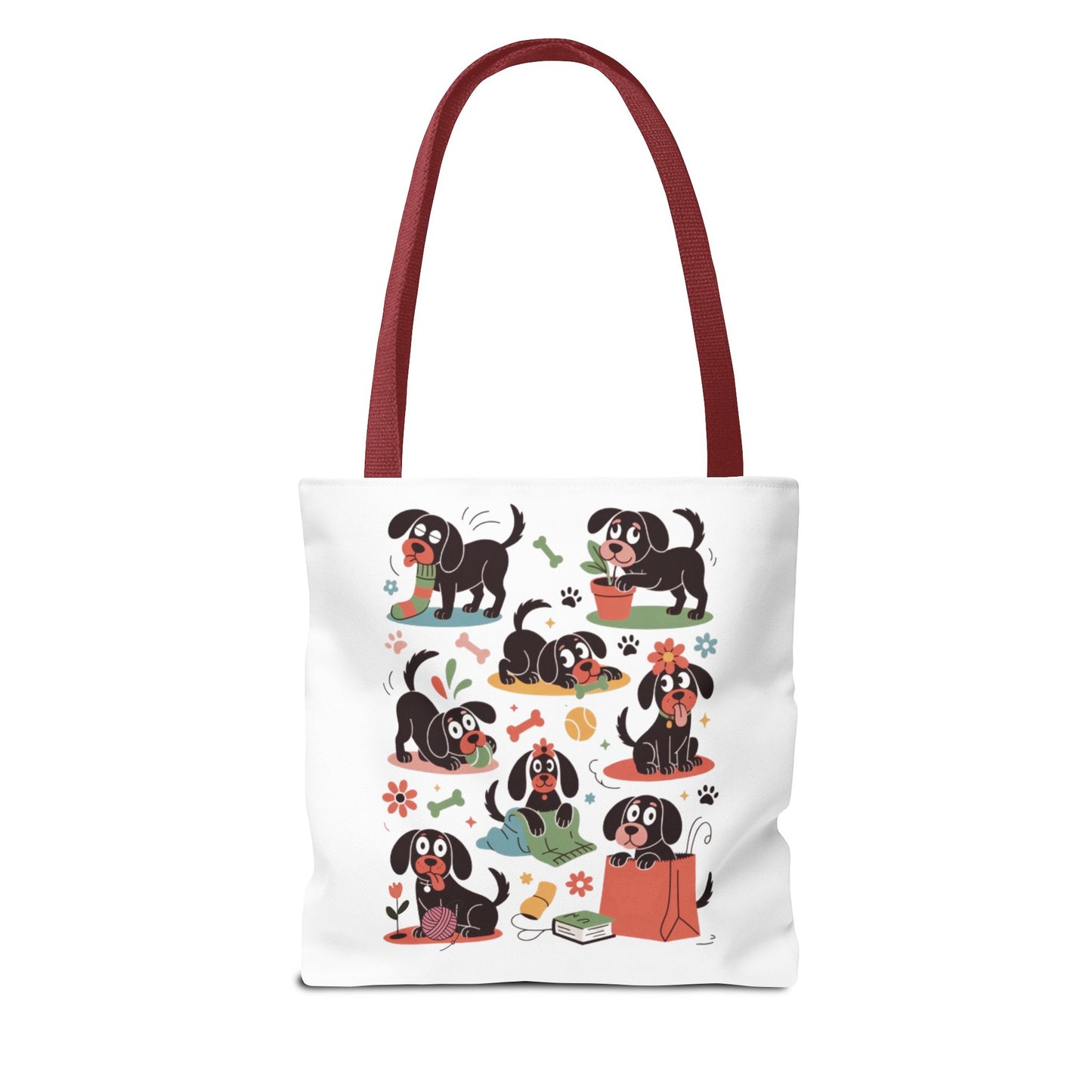 Dog Tote Bag - Playful Cartoon Illustration Design features hand-drawn dogs in amusing poses with everyday objects, perfect for dog lovers seeking a whimsical, durable tote for shopping or gifting.
