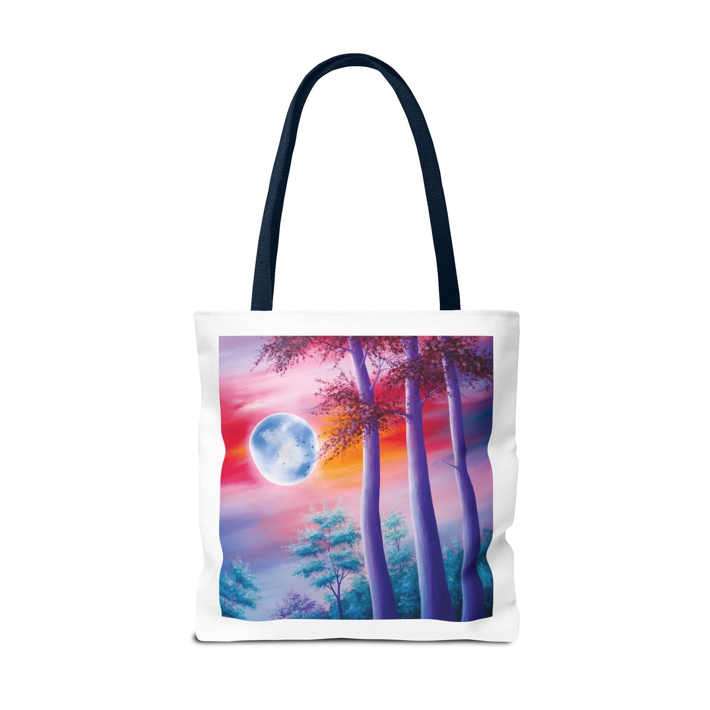 Moonlit Forest Tote Bag featuring a mystical full moon scene with towering trees against a dramatic sunset sky, designed for art and nature lovers. Durable polyester with reinforced handles for daily use.