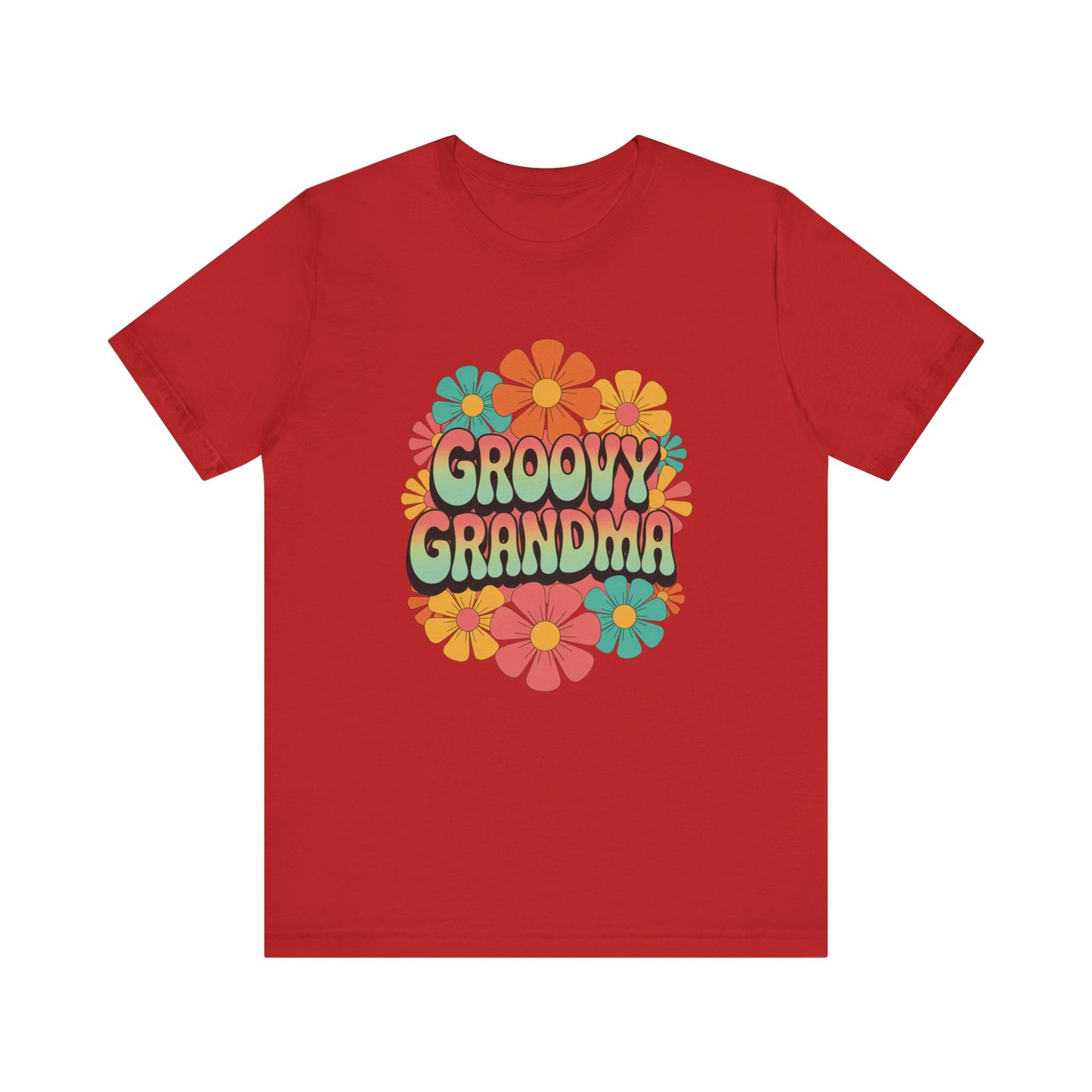 Groovy Grandma for Mother's Day Bella+Canvas Unisex T-Shirt featuring a vibrant flower design, offering a retro, playful style perfect for vintage-loving grandmas, crafted from soft Airlume cotton.