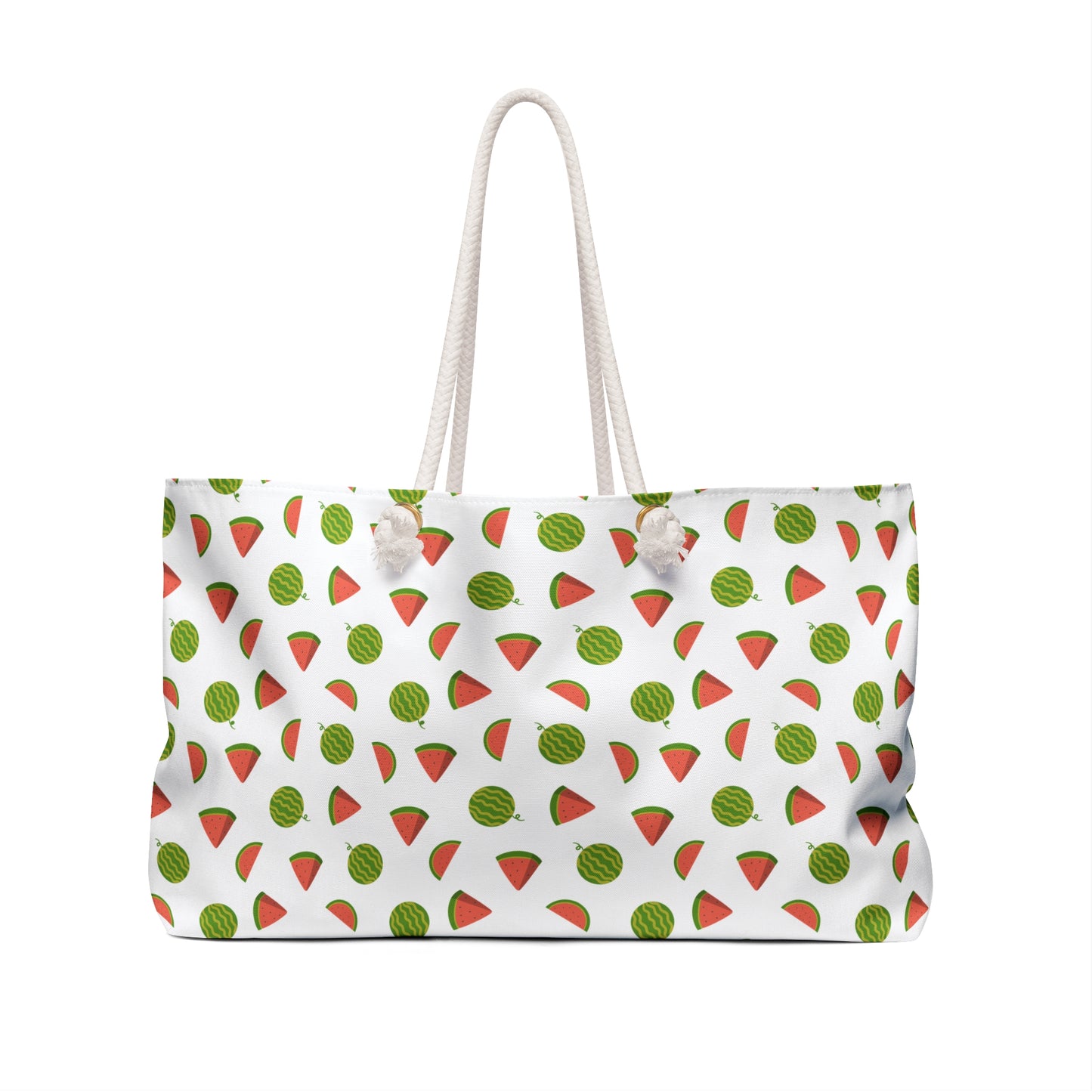 Weekender Bag - Watermelon Pattern Travel Tote for Summer Getaways, featuring vibrant watermelon design, rope handles with metal grommets, and a cream sheeting interior, ideal for stylish, joyful travel.