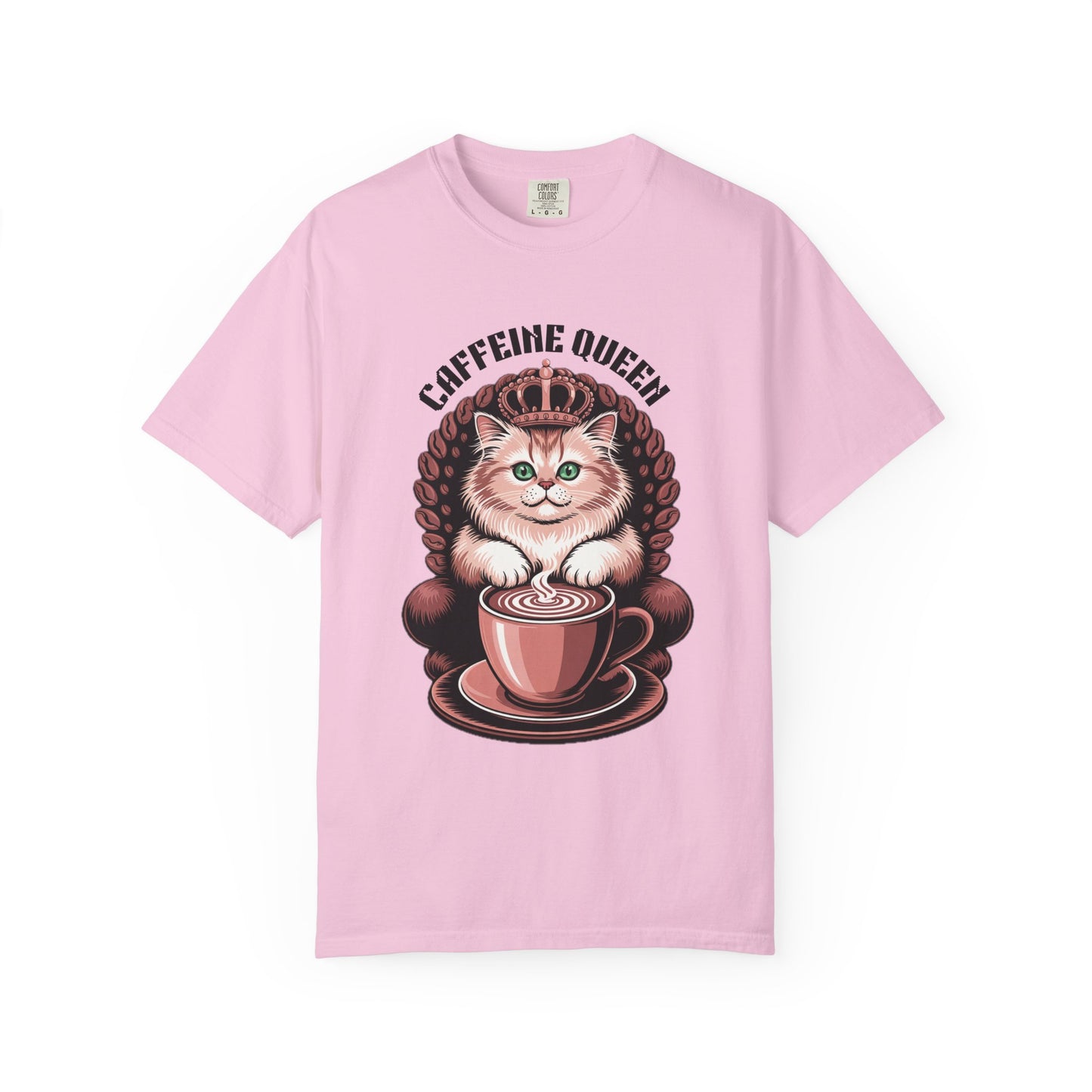 Cat Caffeine Queen T-shirt featuring a cartoon cat with a crown and coffee cup, embodying playful charm and comfort, perfect for cat and coffee lovers seeking stylish, casual wear.