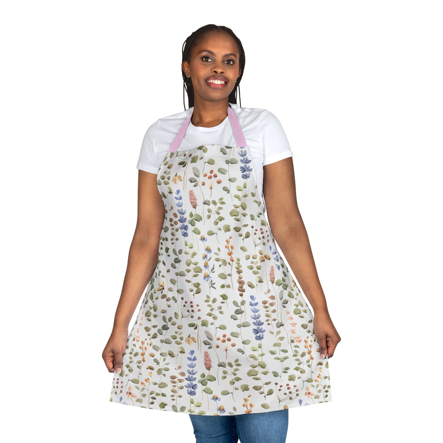 Close-up of a woman wearing the Apron, Wildflower Design, 5-Color Straps, showcasing its vibrant wildflower pattern and comfortable fit, ideal for cooking and creative activities.