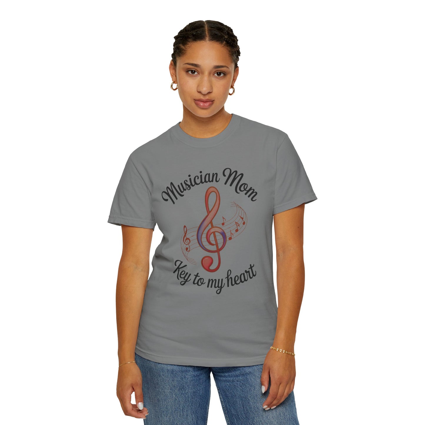 Musician Mom T-Shirt with a relaxed fit and classic crew neckline, crafted from high-quality US cotton, perfect for expressing musical passion. Ideal for casual or semi-formal events.