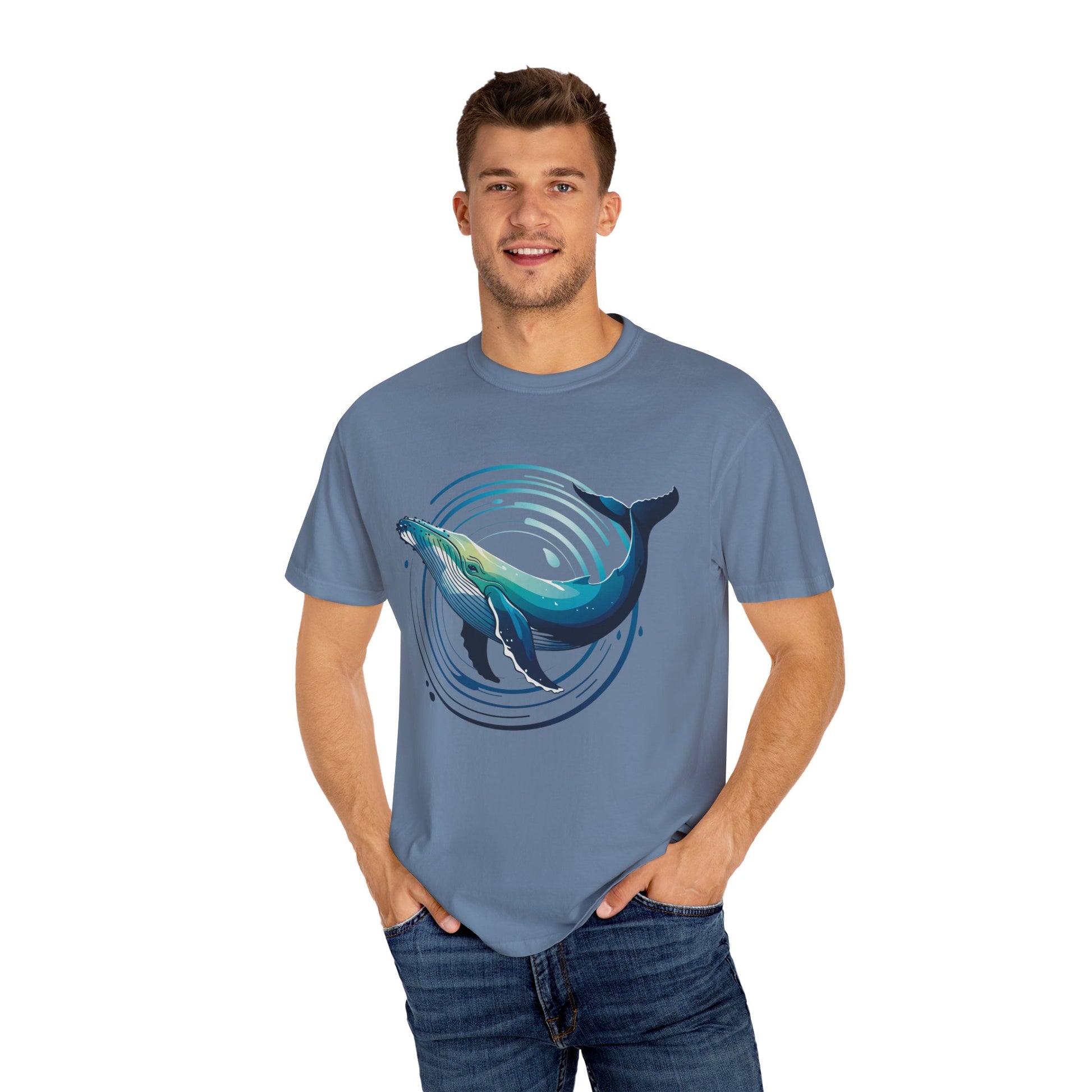 Ocean Wave with Humpback Whale Fin Design T-Shirt showcases a dynamic abstract ocean scene with a stylized whale fin, ideal for ocean enthusiasts seeking unique, artistic designs for casual or themed events.