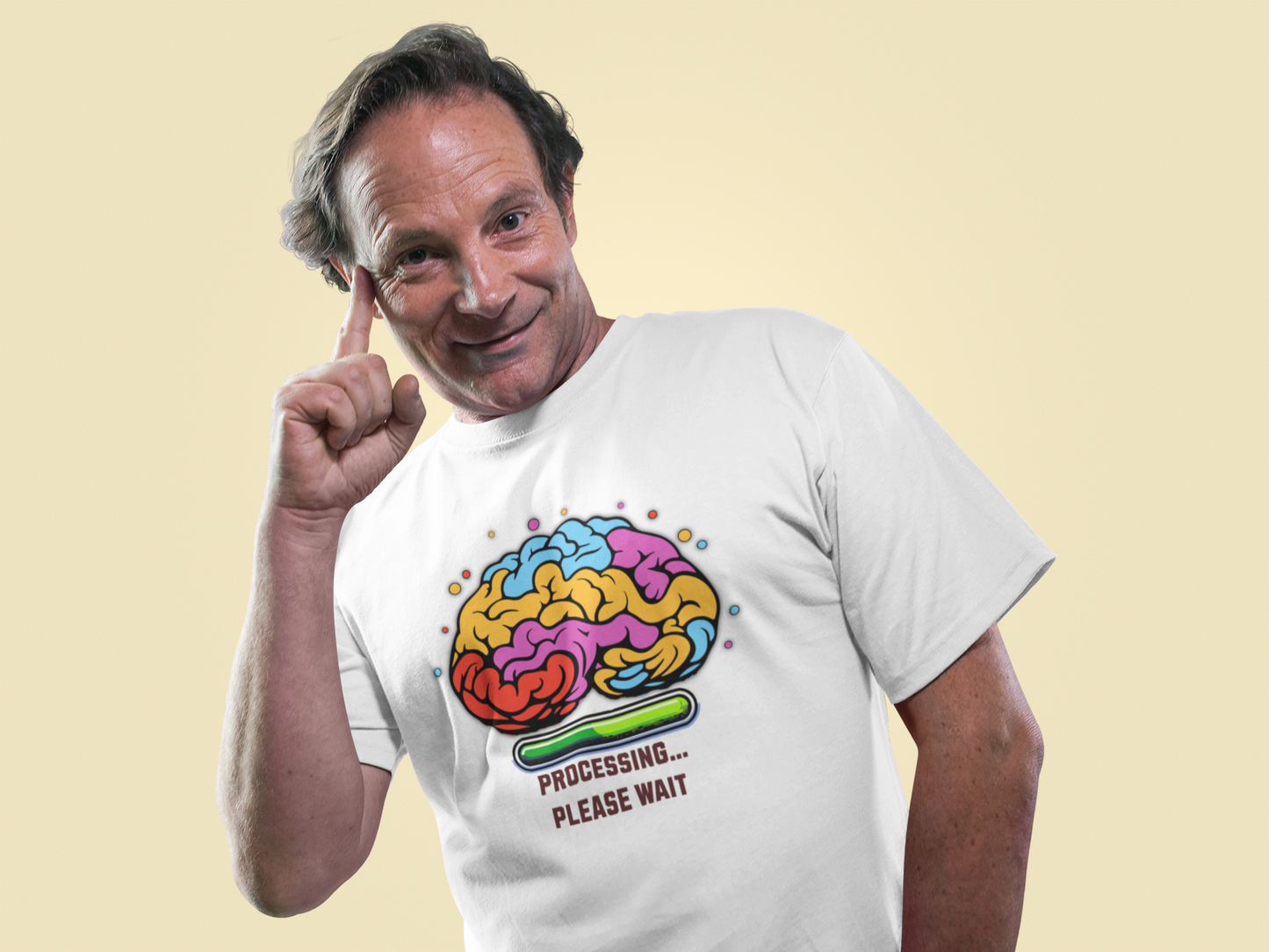 Man wearing the Brain Processing Gildan Unisex T-Shirt, featuring a vibrant brain graphic, perfect for casual outings and showcasing unique style.