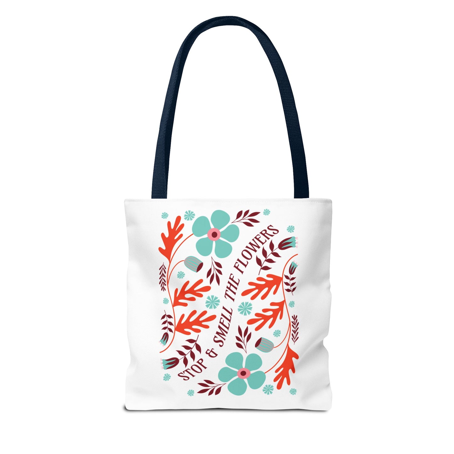 Stop and Smell The Flowers Tote Bag featuring blue and red floral design, ideal for carrying essentials with a nature-inspired charm.