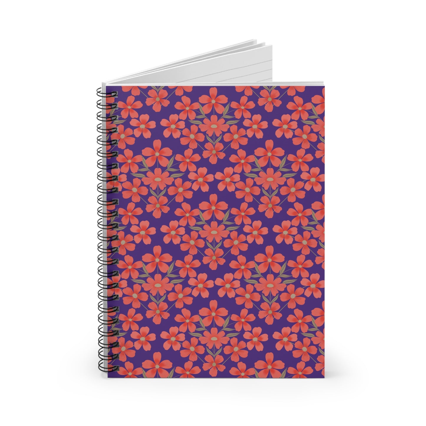 Floral Spiral Notebook featuring coral-red flowers and green leaves on a deep purple cover, designed by FireBrook Essentials. Ideal for creative writing, note-taking, and adding a joyful touch to your day.