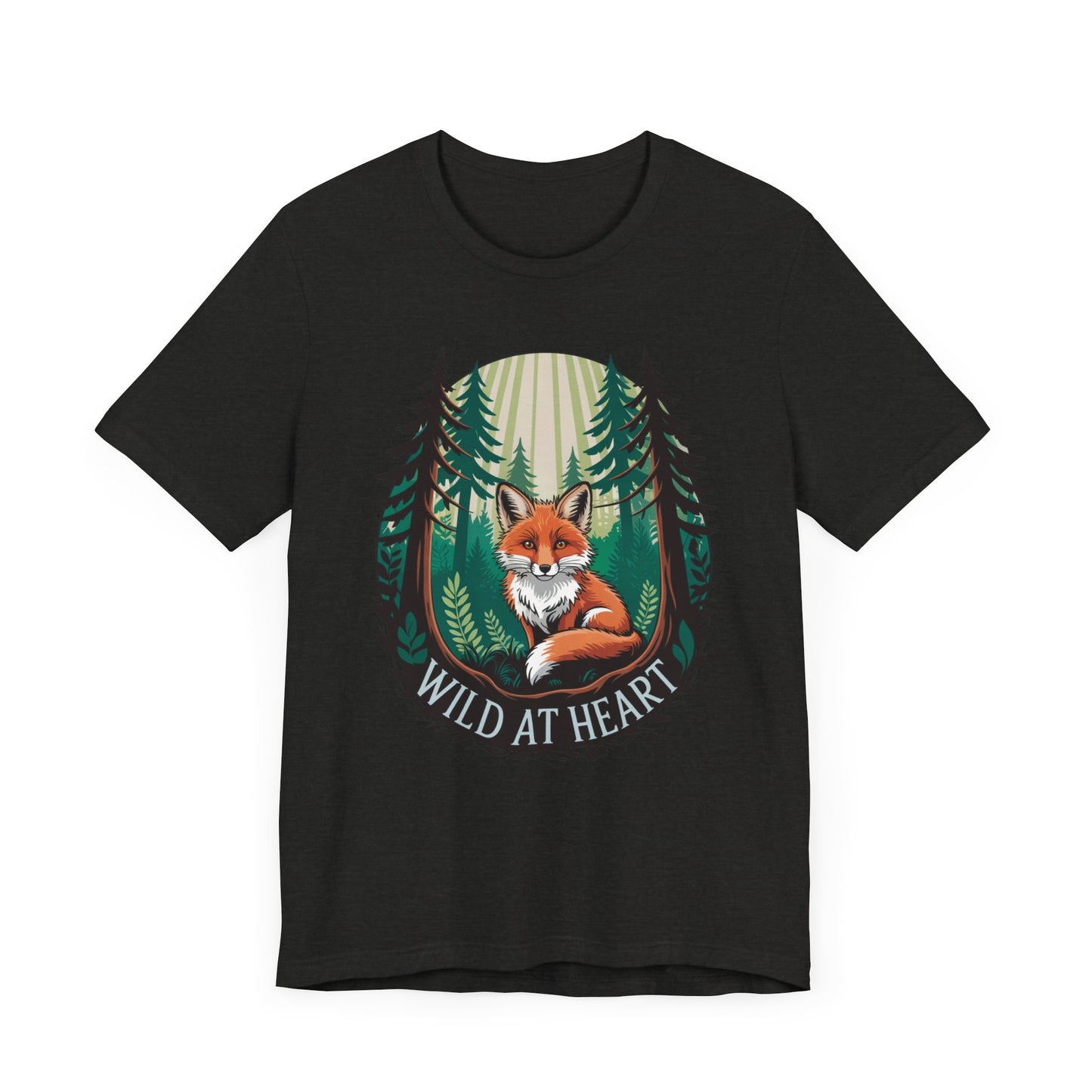 Wild at Heart Fox Illustration Bella+Canvas Unisex T-Shirt featuring a cartoon fox graphic. This lightweight, comfortable tee is perfect for casual wear, nature lovers, and animal enthusiasts.