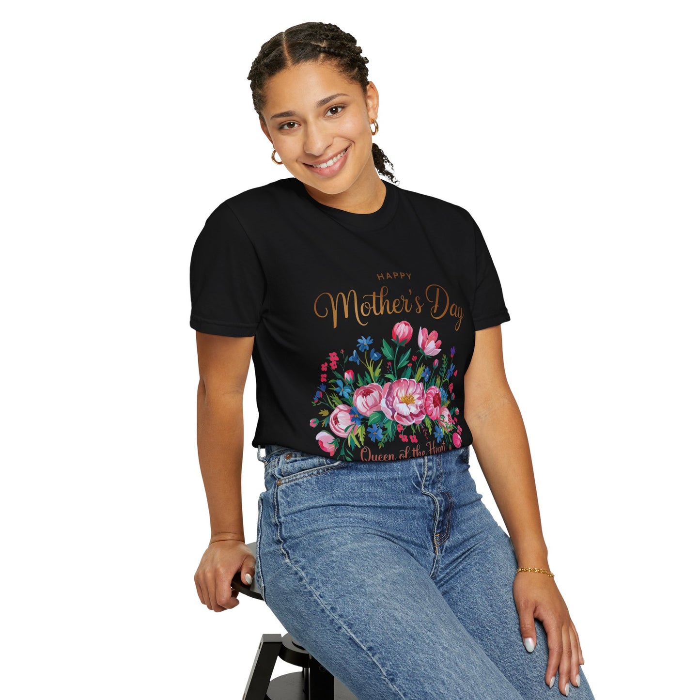 Happy Mother's Day Queen of the Heart T-Shirt featuring a classic crew neckline and durable double-needle stitching, embodying a warm, loving vibe with its comfortable, stylish design perfect for celebrating special mother figures.