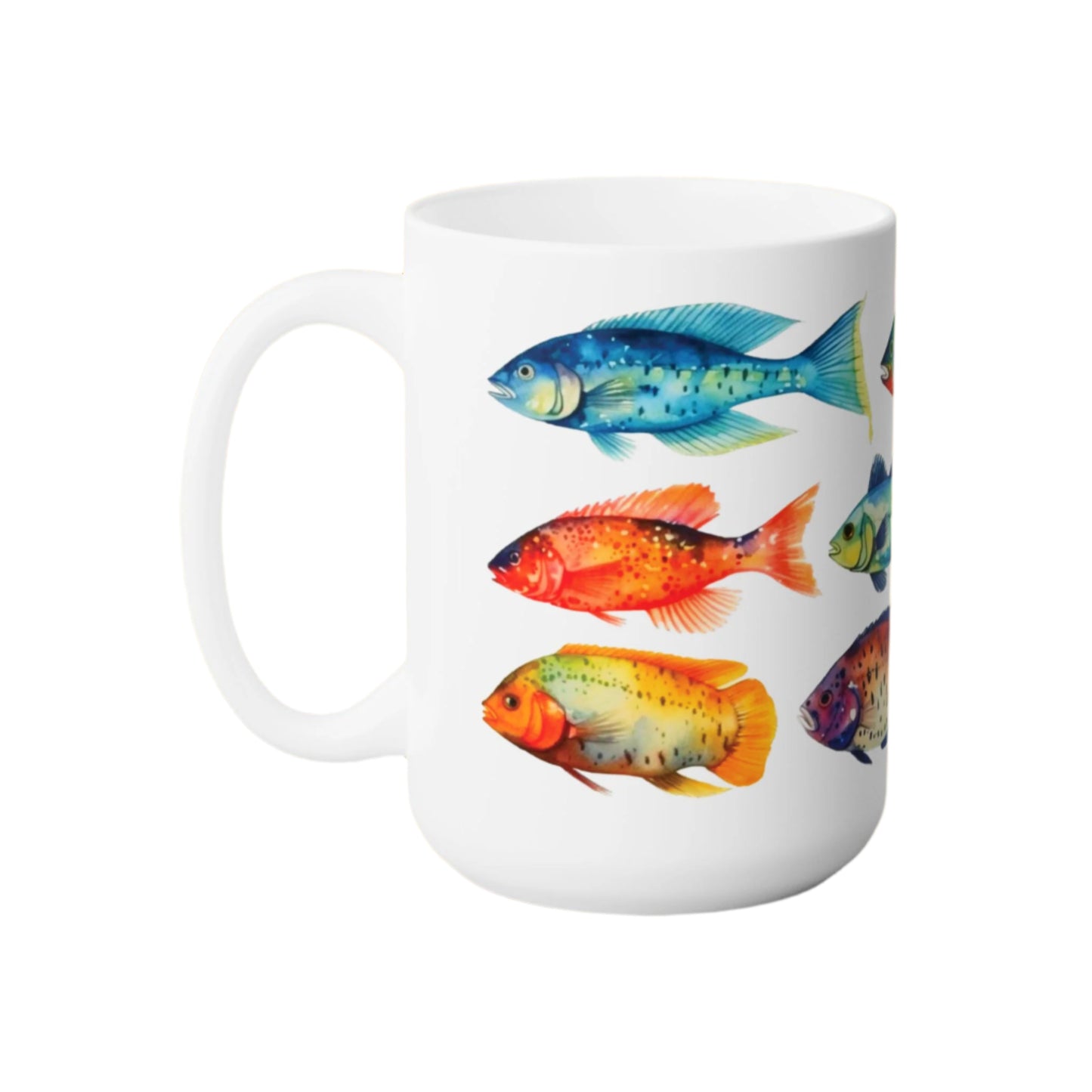 School of Fish Mug (15 oz) featuring vibrant fish artwork, perfect for nature lovers. Made of durable ceramic, it's microwave- and dishwasher-safe, offering a cheerful start to your day.