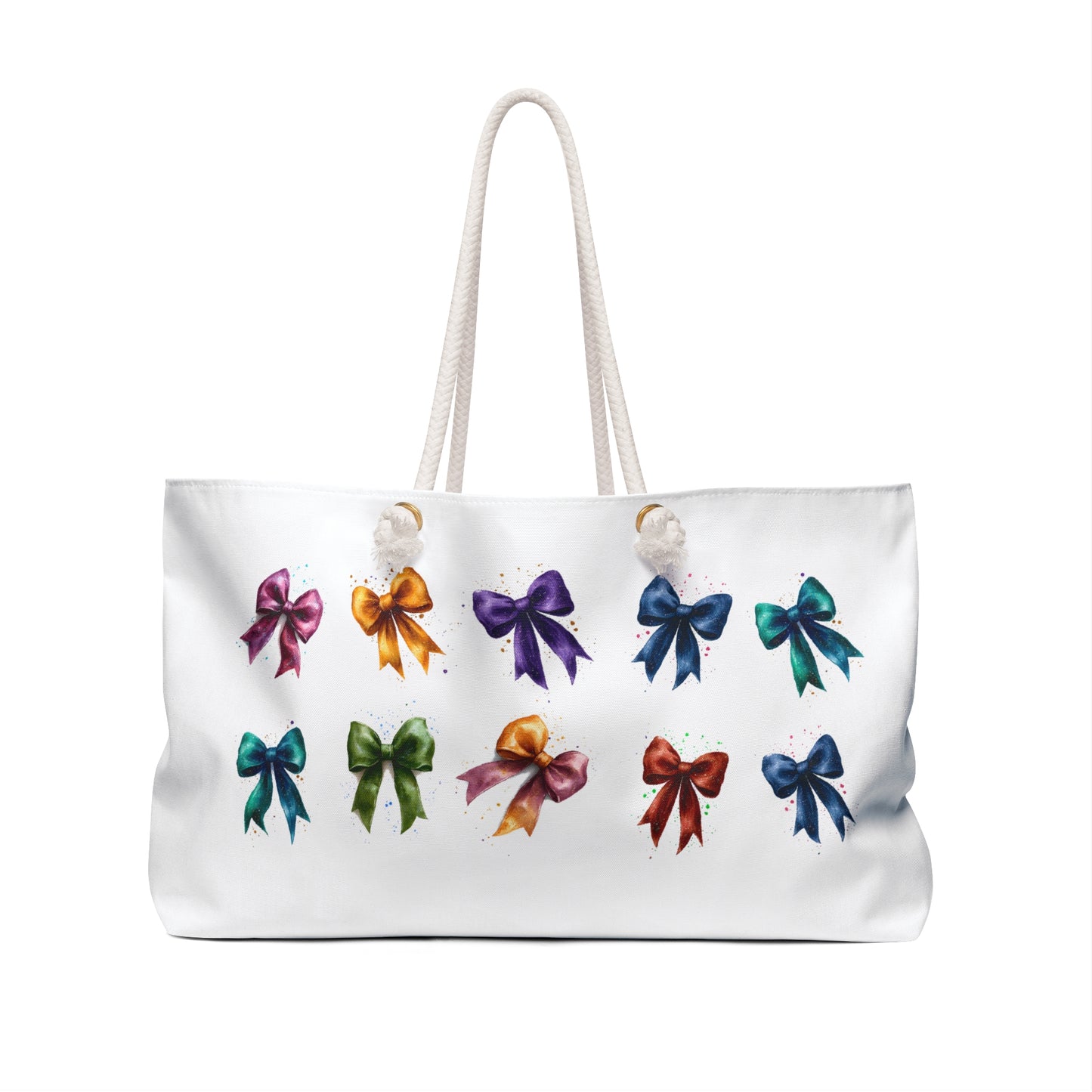 Weekender Bag - Fancy Colorful Ribbons Travel Tote for Stylish Getaways, featuring colorful bows on a white background, ideal for chic travel and organization, with rope handles and a spacious interior.