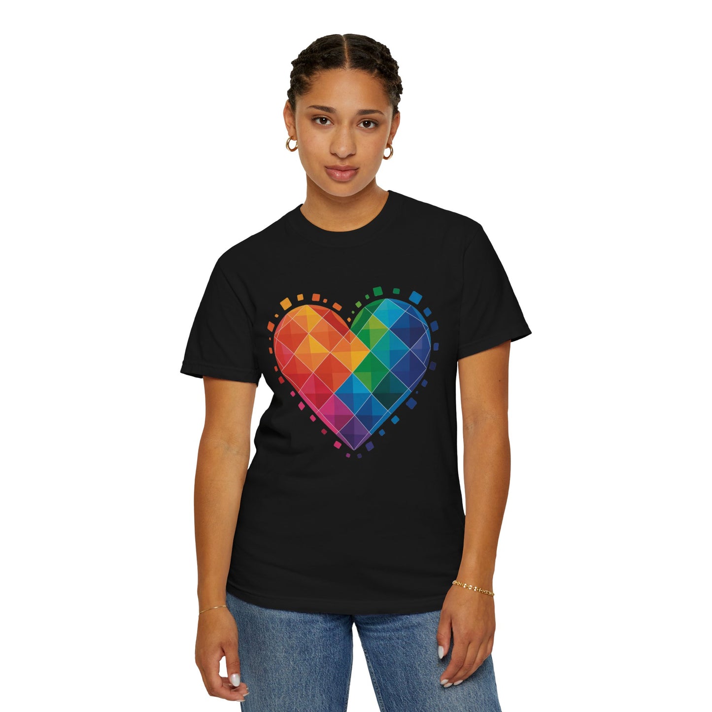Rainbow Geometric Heart T-Shirt features a vibrant heart-shaped design with a rainbow gradient and dynamic translucent squares, perfect for adding a colorful, modern touch to any casual or special occasion outfit.