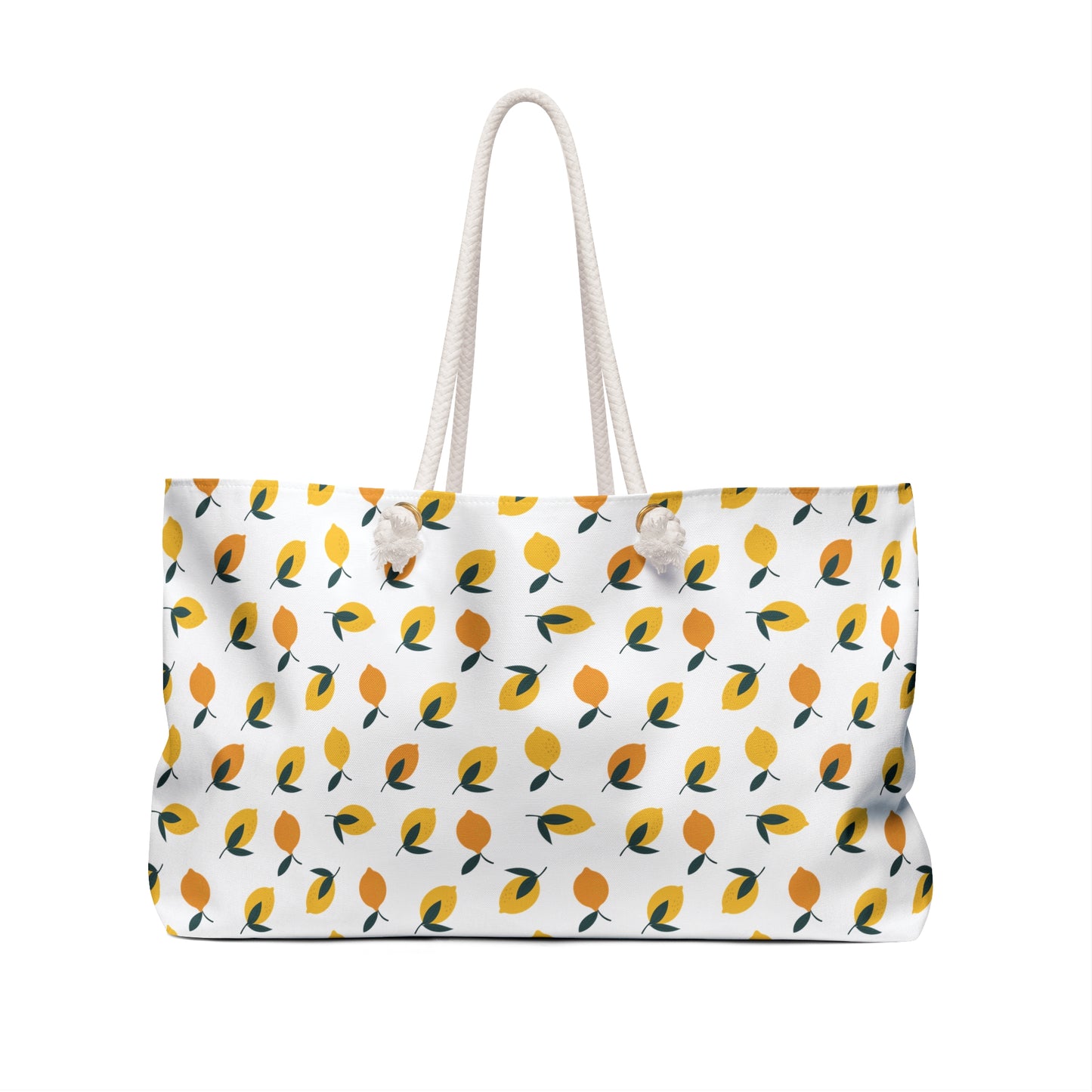 Lemon Print Weekender Bag: A chic, spacious travel tote featuring a vibrant lemon pattern, ideal for beach trips, gym visits, or picnics, embodying FireBrook Essentials' uplifting and stylish design ethos.