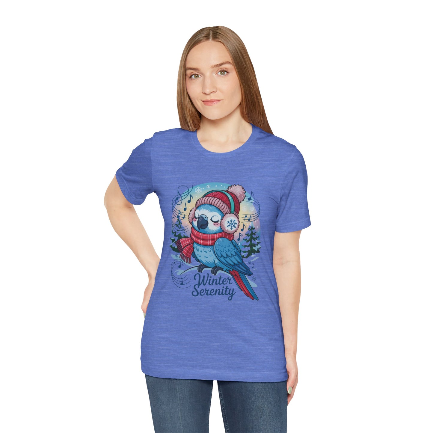 Winter Serenity Cute Baby Parrot Unisex T-Shirt from FireBrook Essentials, showcasing a charming parrot graphic. Crafted from Airlume cotton, it offers a retail fit, ribbed collar, and vibrant sleeve designs for winter comfort.