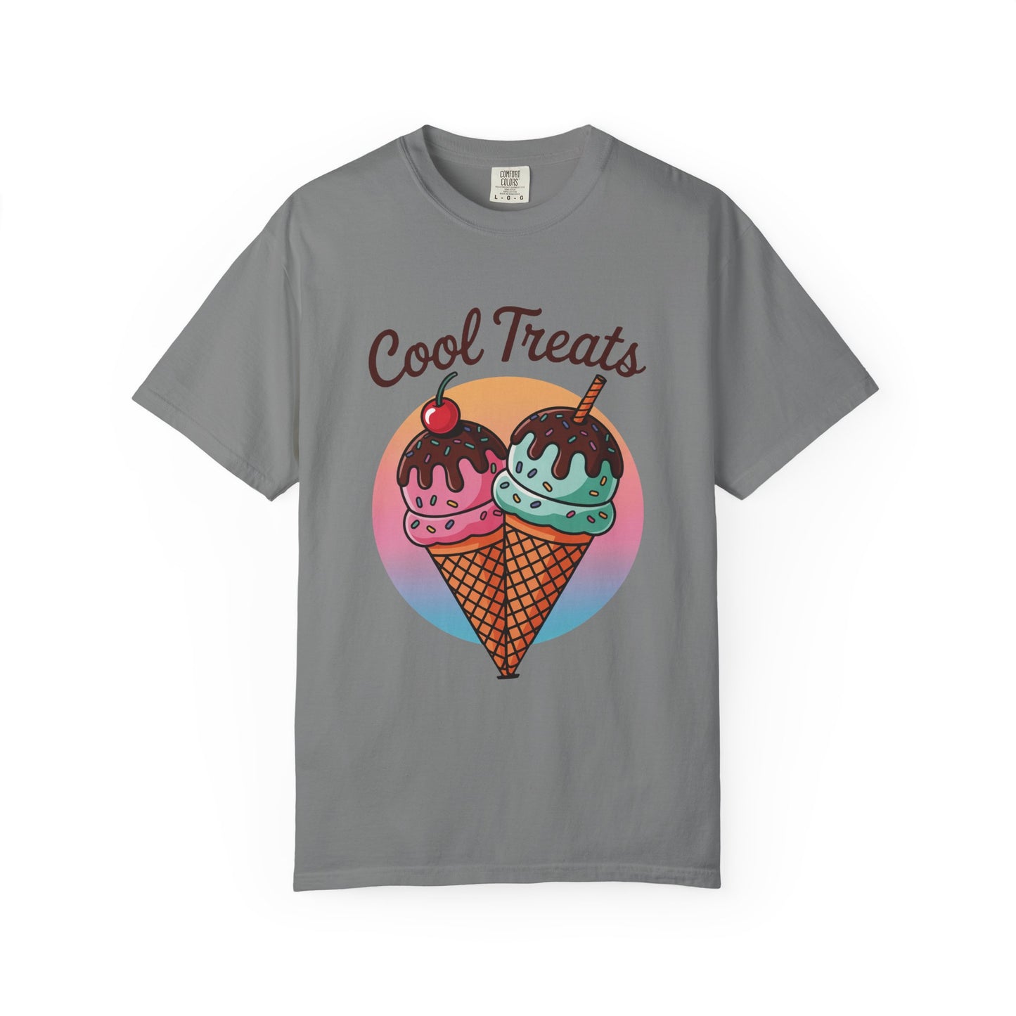 Ice Cream Cool Treats Comfort Colors Unisex T-Shirt features playful ice cream cone graphics, offering a fun and summery vibe. Ideal for casual wear, perfect for summer gatherings.