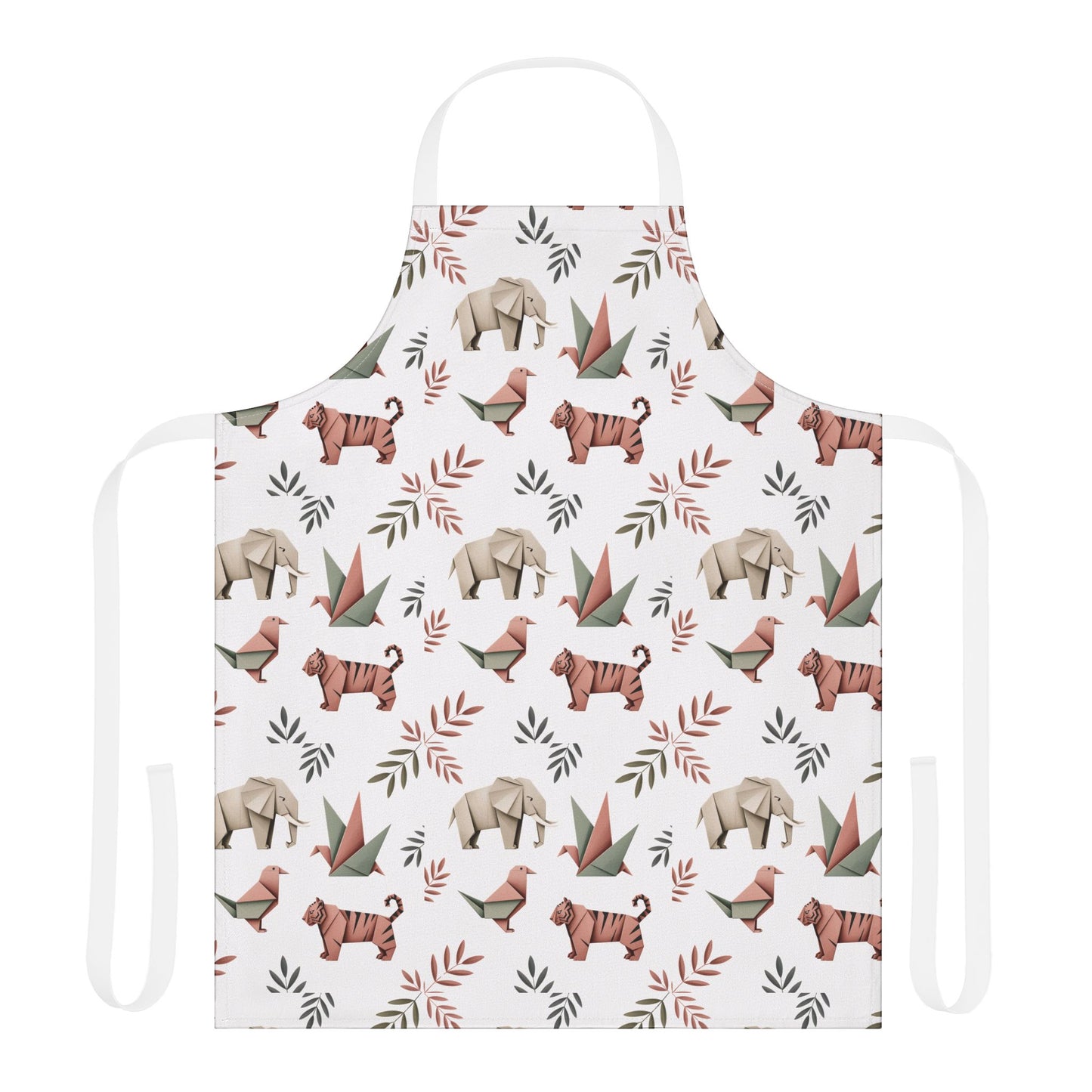Apron, Origami Animals Pattern Design: A stylish apron showcasing intricate origami animal motifs, crafted from soft polyester canvas with a tie-back closure, designed for comfort and flair in your cooking endeavors.